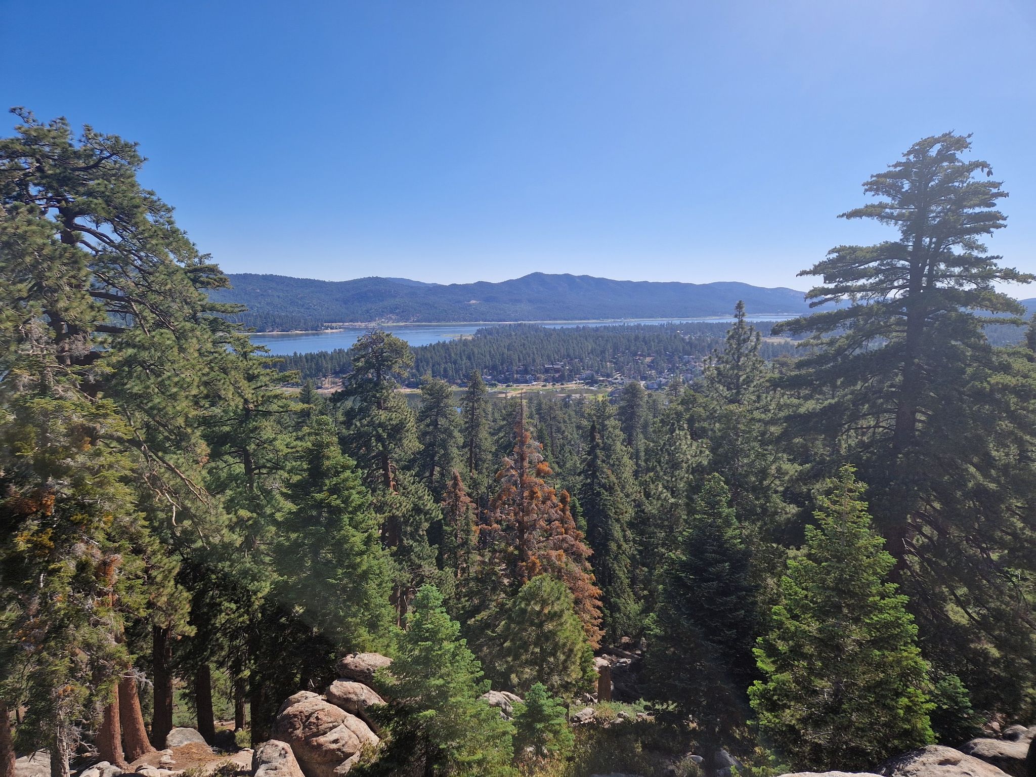 Panoramic view of a large lake surrounded by mountains and a dense forest. - Champion Lodgepole via Castle Rock Trail
