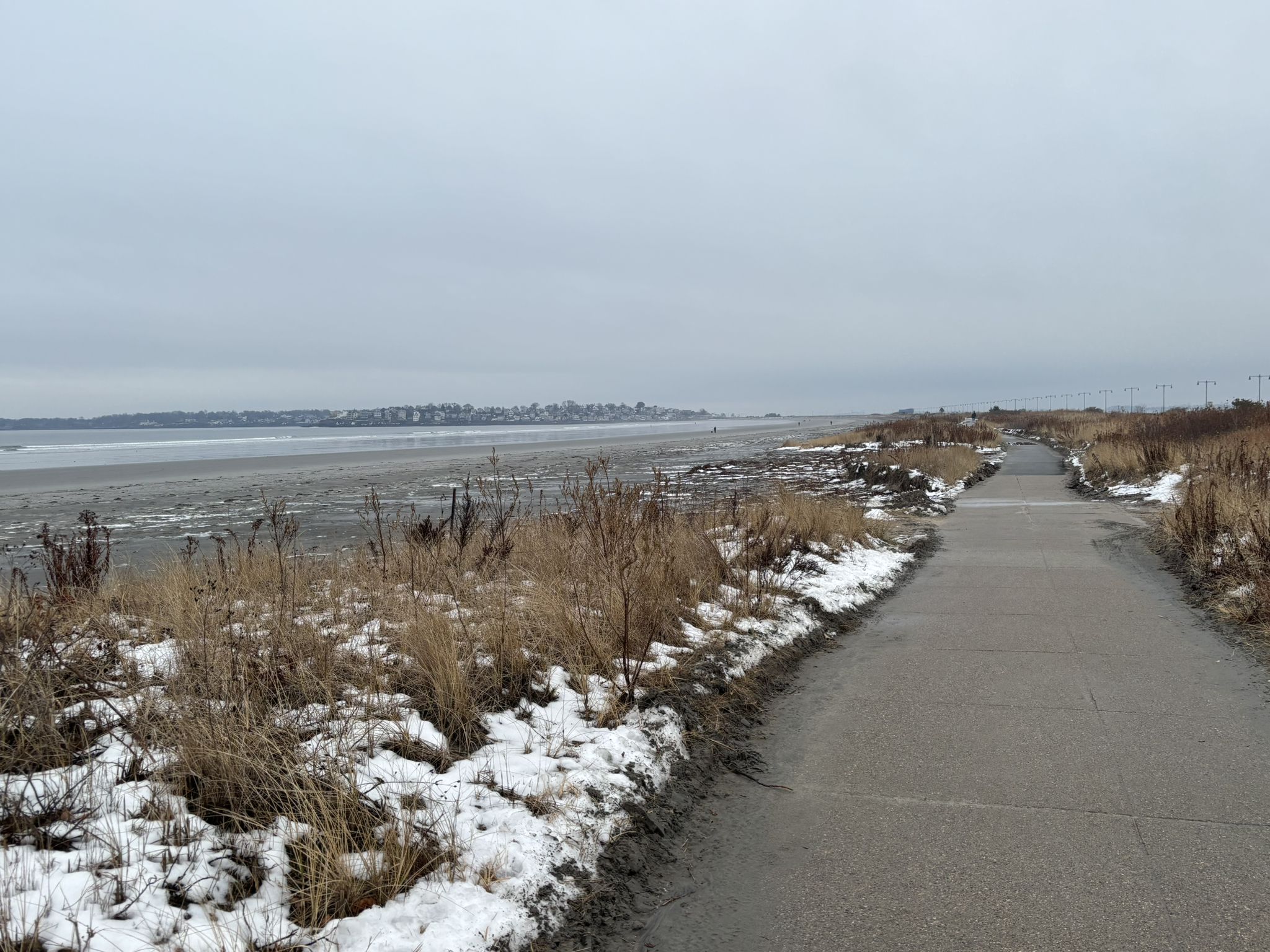 Paved path alongside a snowy, grassy beach under a gray, overcast sky. - Lynn Beach – Devereux Beach loop from Lynn Classical High School