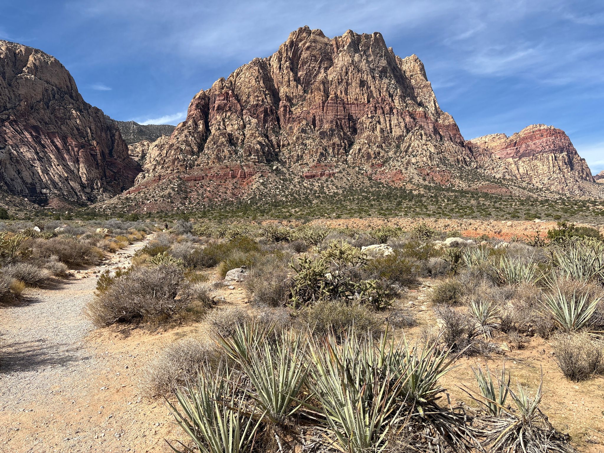 Desert landscape with large red rock mountains under a bright blue sky. - First Creek Canyon Trail