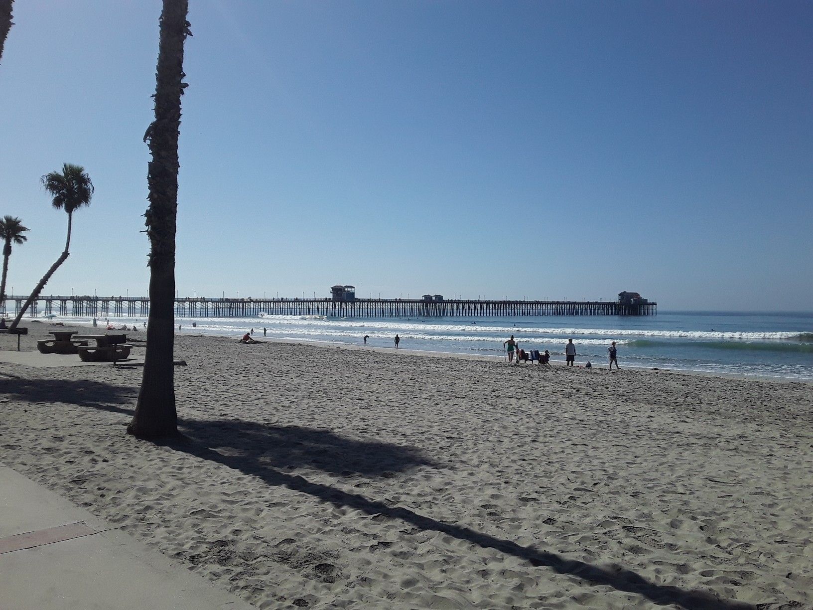Sunny beach with a long pier, palm trees, and people relaxing by the water. - Tin Fish at Oceanside Pier – South Oceanside Beach loop from Oceanside
