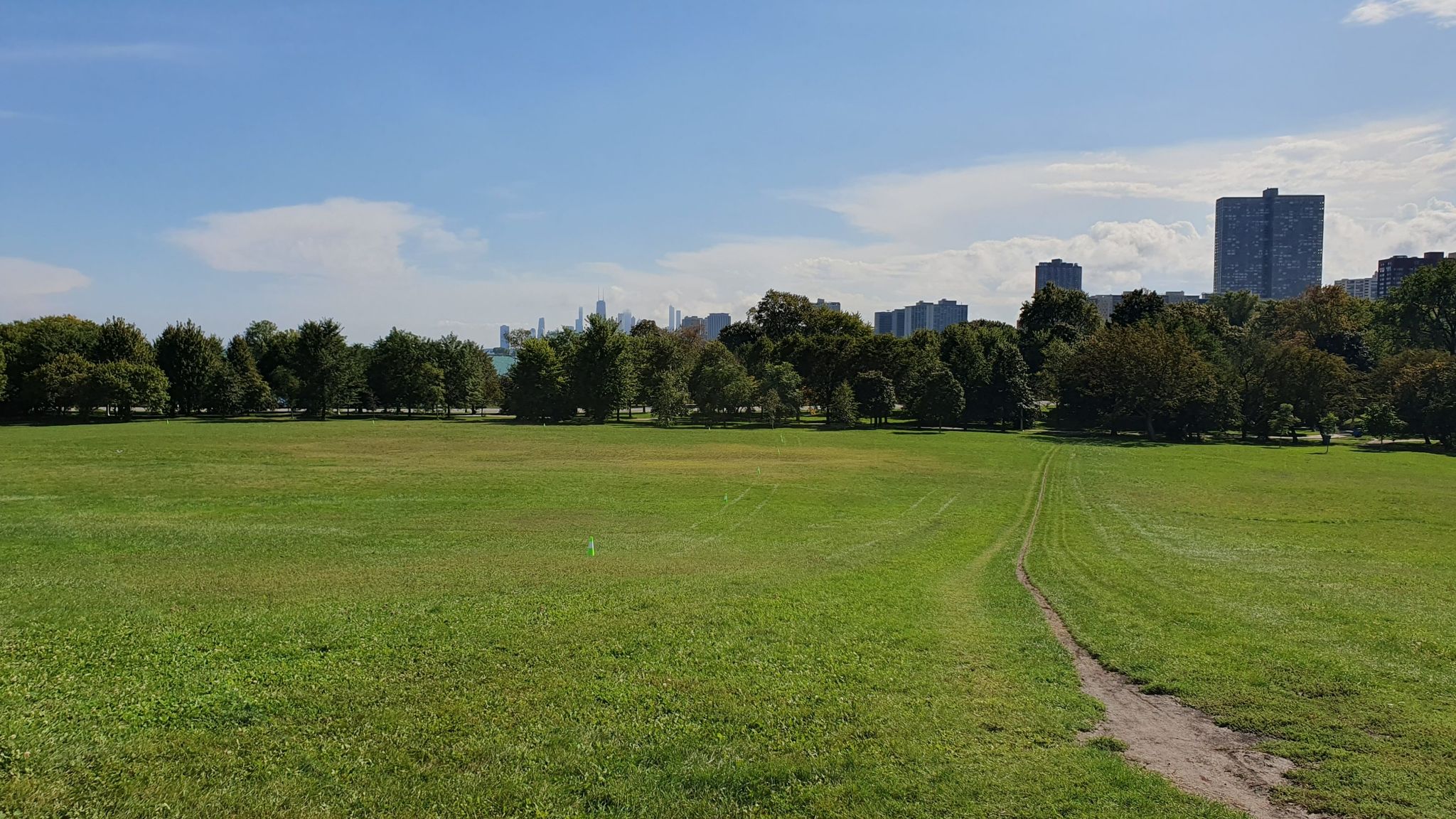 Expansive green field under a bright sky, with distant city buildings and trees. - Montrose Harbor Trail