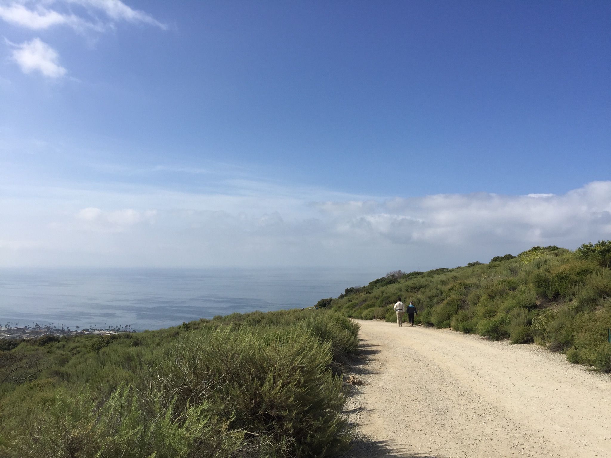 Two people walk a dirt path overlooking a sunny, brush-covered coastline. - Boat Road – Old Emerald Falls Trail loop from Laguna Beach