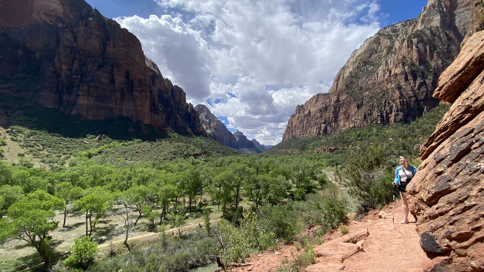 Hiker on a red dirt path overlooking a lush green valley and towering cliffs. - Sand Bench and Kayenta Trail