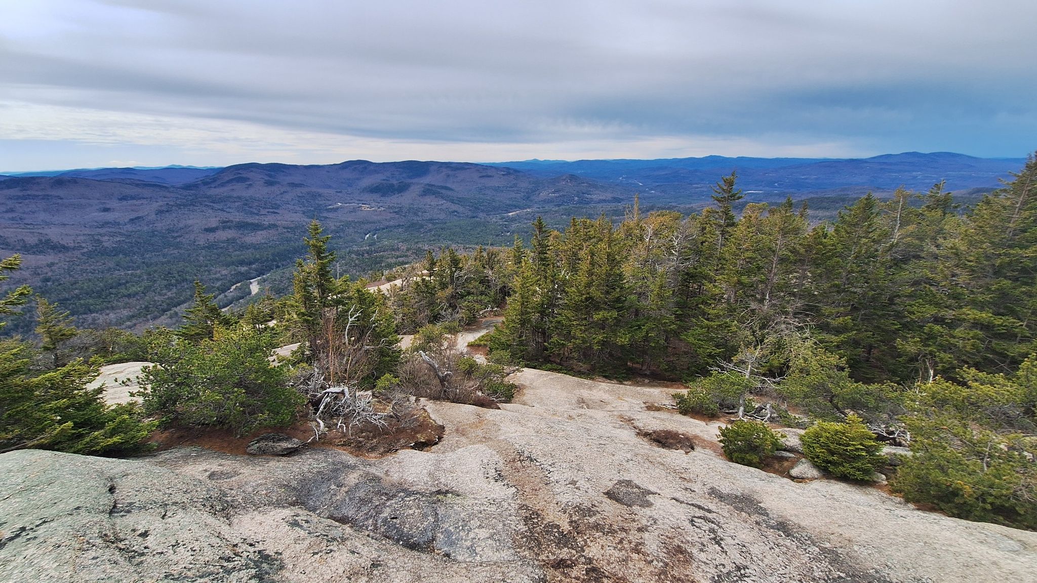 Wide view from a rocky summit with evergreen trees, distant mountains under cloudy sky. - Welch-Dickey Loop Trail
