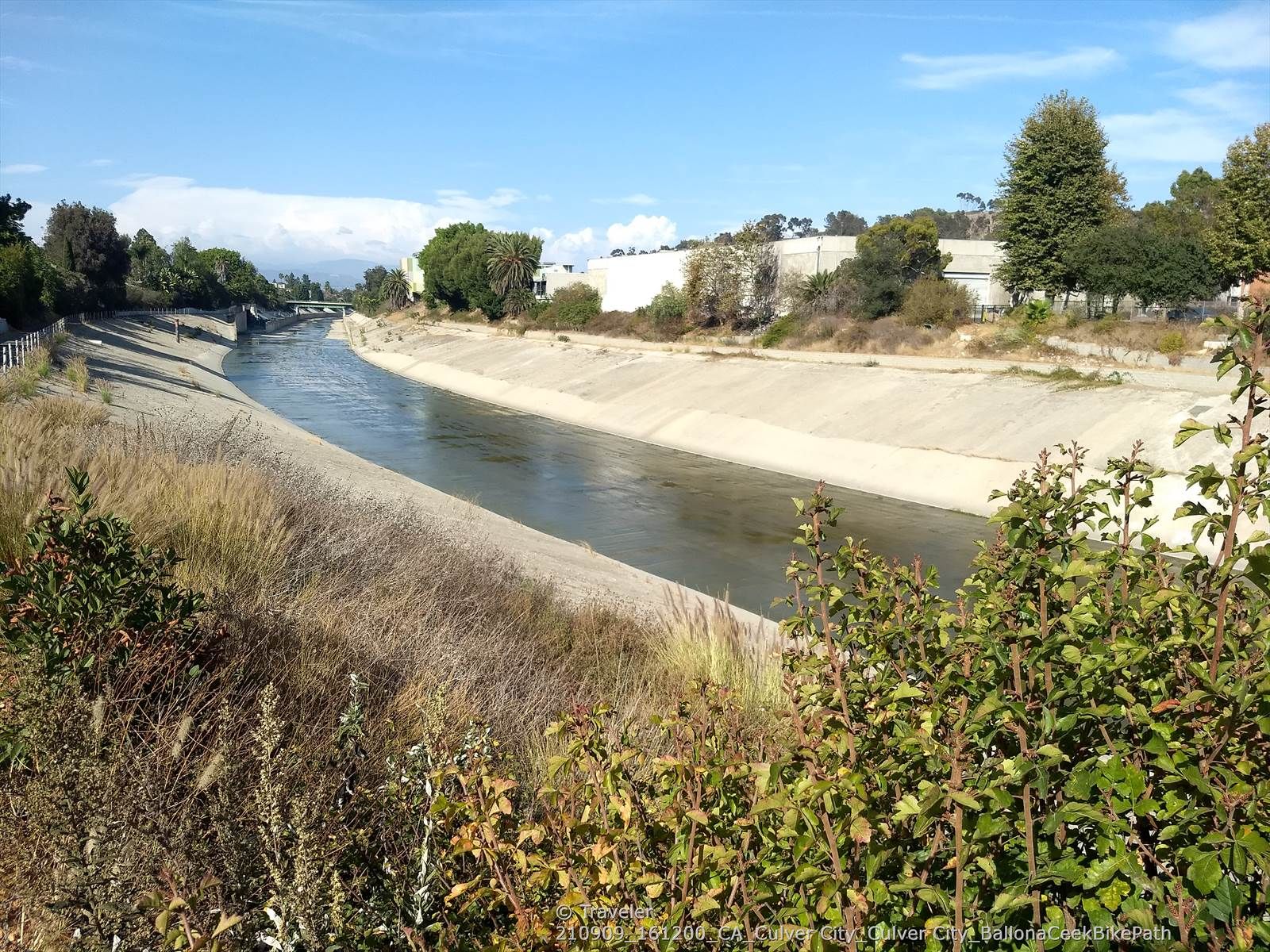 A concrete-lined canal with water, surrounded by green bushes on a sunny day. - Marvin Braude and Ballona Creek Bike Path Loop
