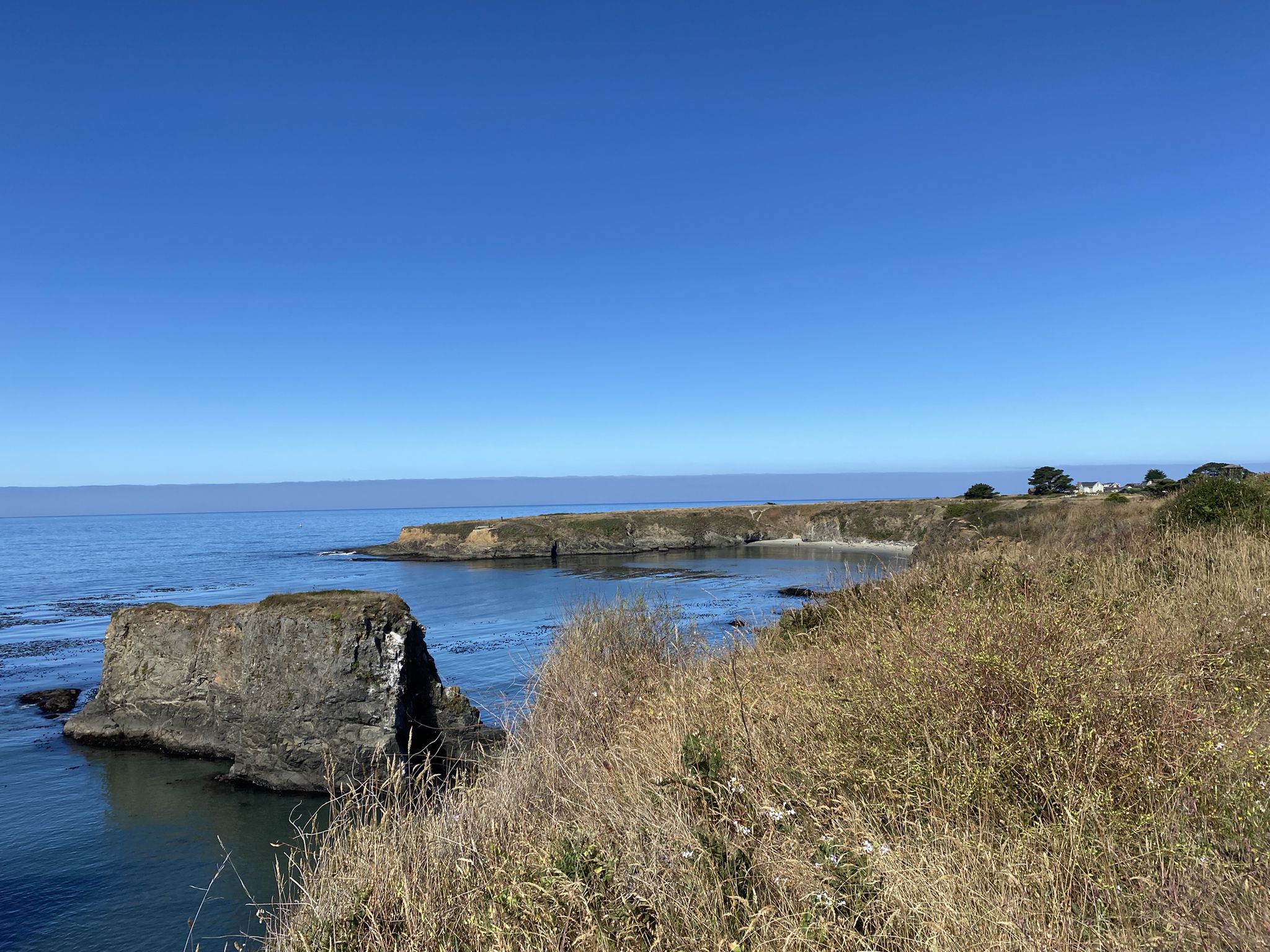 Sunny coastal view with a large rock formation and calm blue ocean. - Mendocino Headlands Bluff Trail Loop