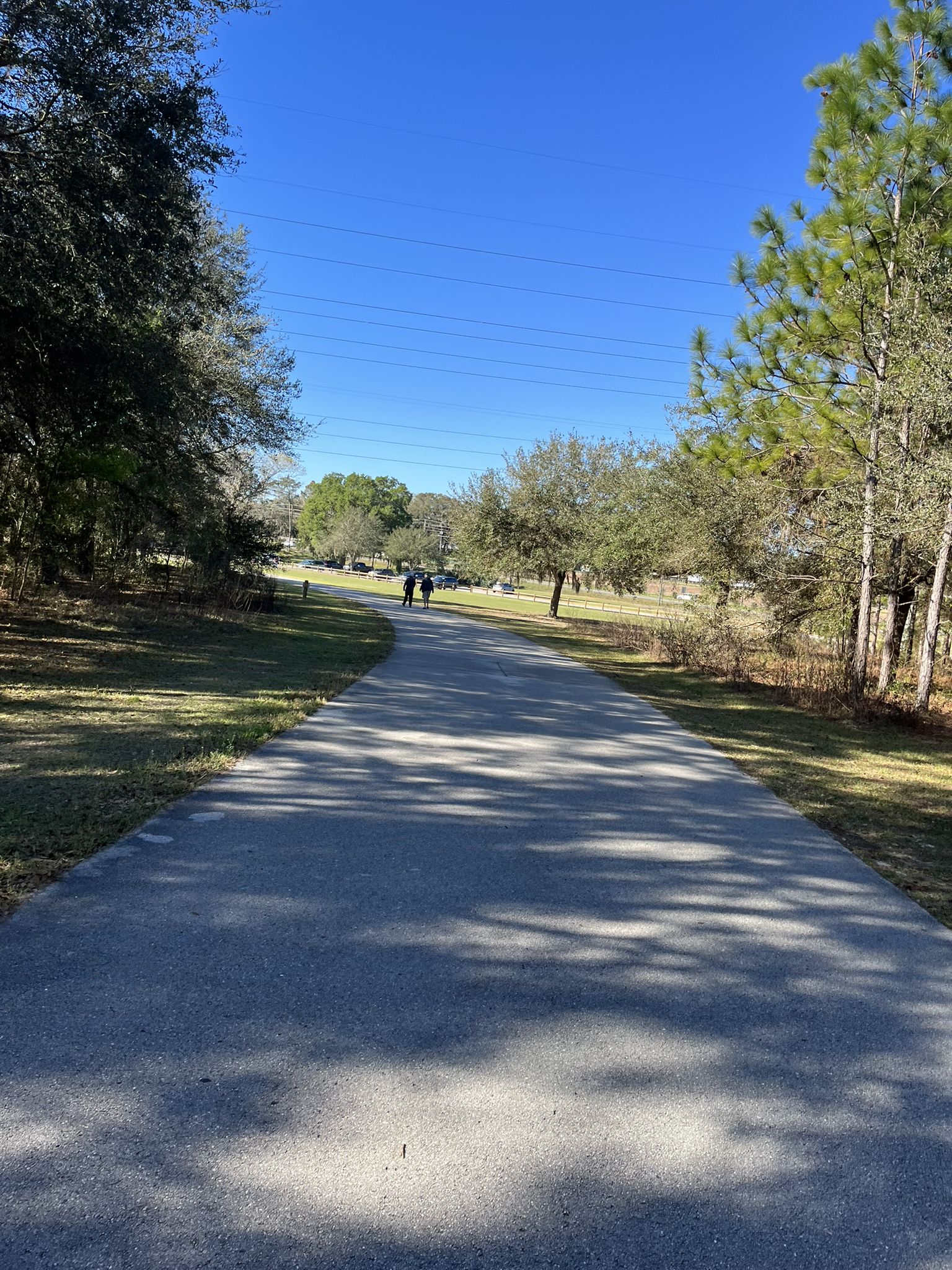 Paved path with two distant figures, bordered by trees under clear sky. - Marjorie Harris Carr Baseline Road Trailhead
