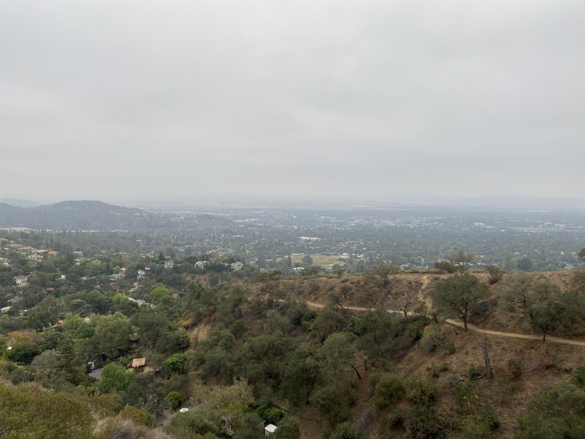A hazy, overcast view of a city nestled among green, tree-covered hills. - First Water via Mount Wilson Trail