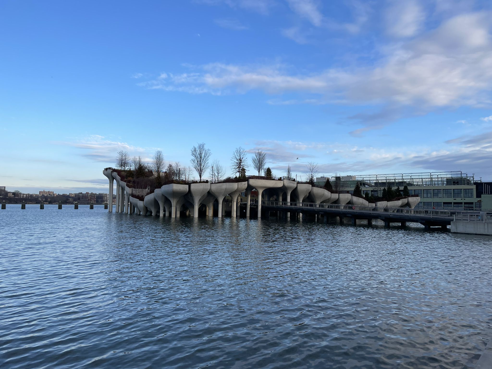 A unique, modern structure with trees on top, extending over calm blue water. - Manhattan Waterfront Greenway