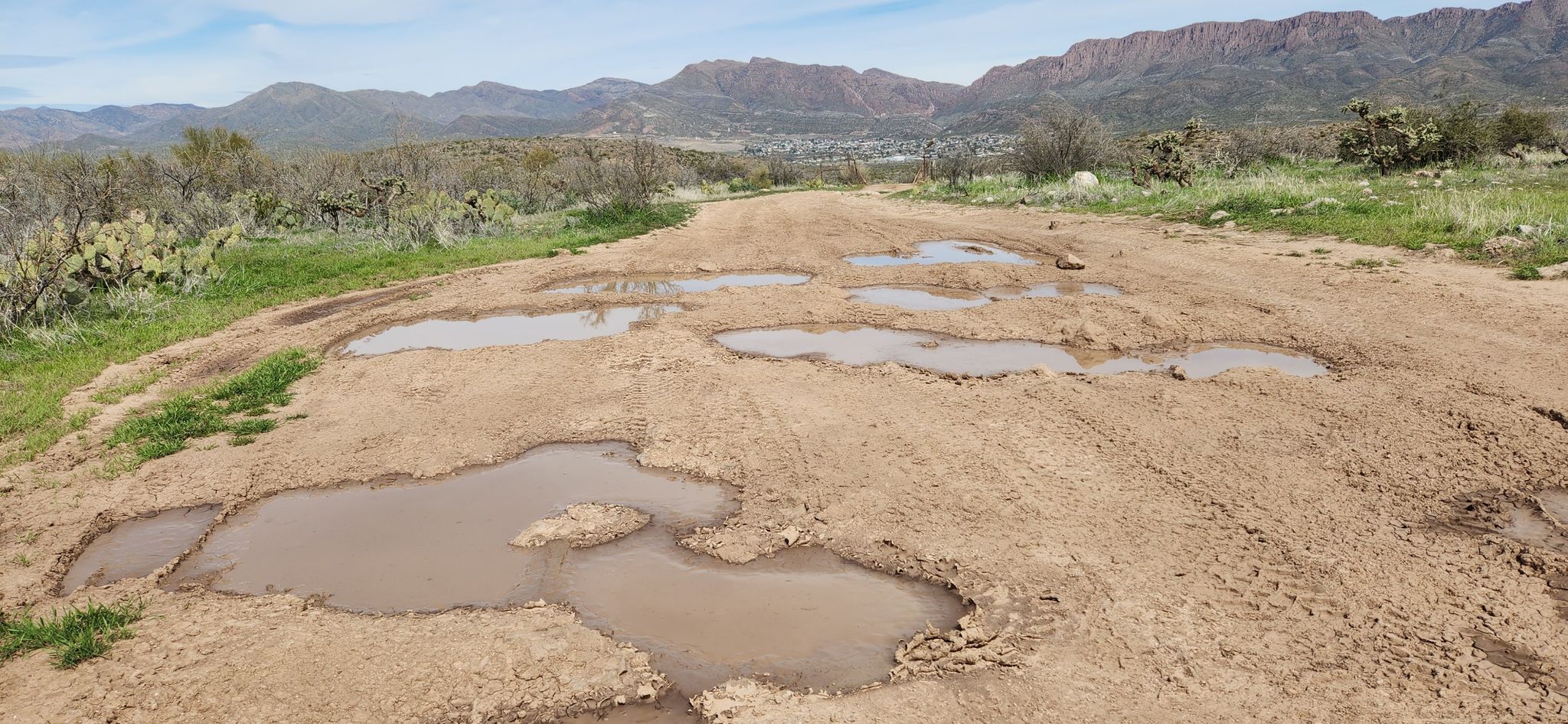 Muddy dirt road with many puddles, leading towards distant mountains. - Telegraph Canyon OHV Trail