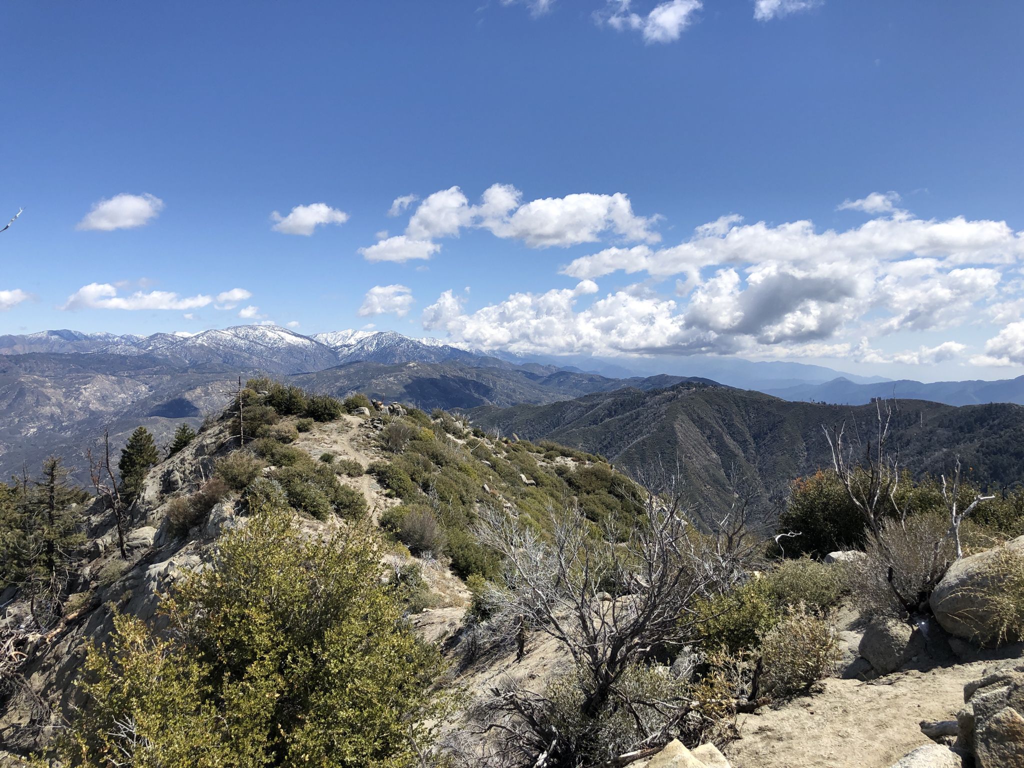 Sunny mountain range with distant snow-capped peaks under a blue sky. - Strawberry Peak via Mountaineers Route - Angeles National Forest