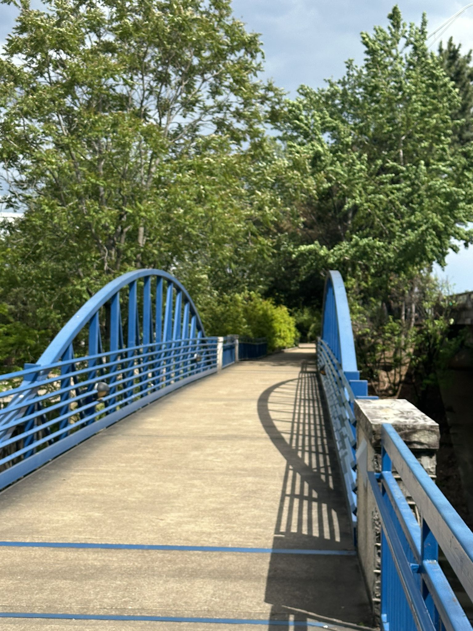 Blue arched pedestrian bridge with strong shadows, surrounded by green trees. - Blue Goose Hollow Park – Point Park Entrance Gate loop from Chattanooga