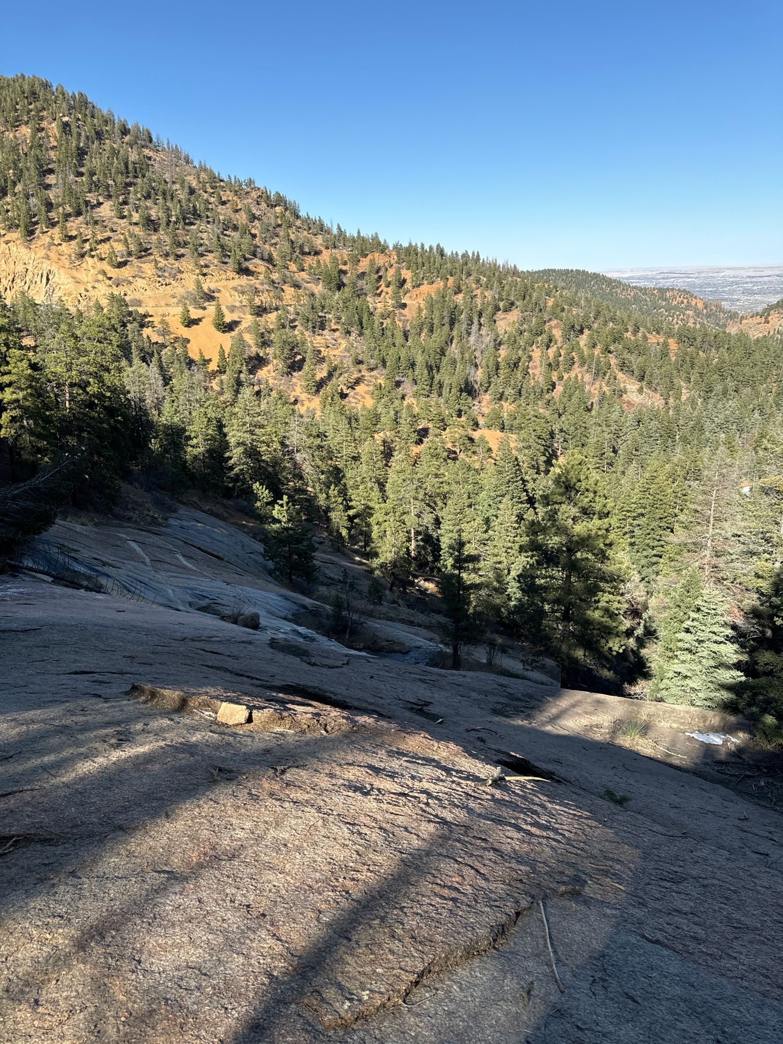 Sunny mountain slope with pine trees, large rock slab, and distant valley. - Buffalo Canyon and Silver Cascade Falls Loop