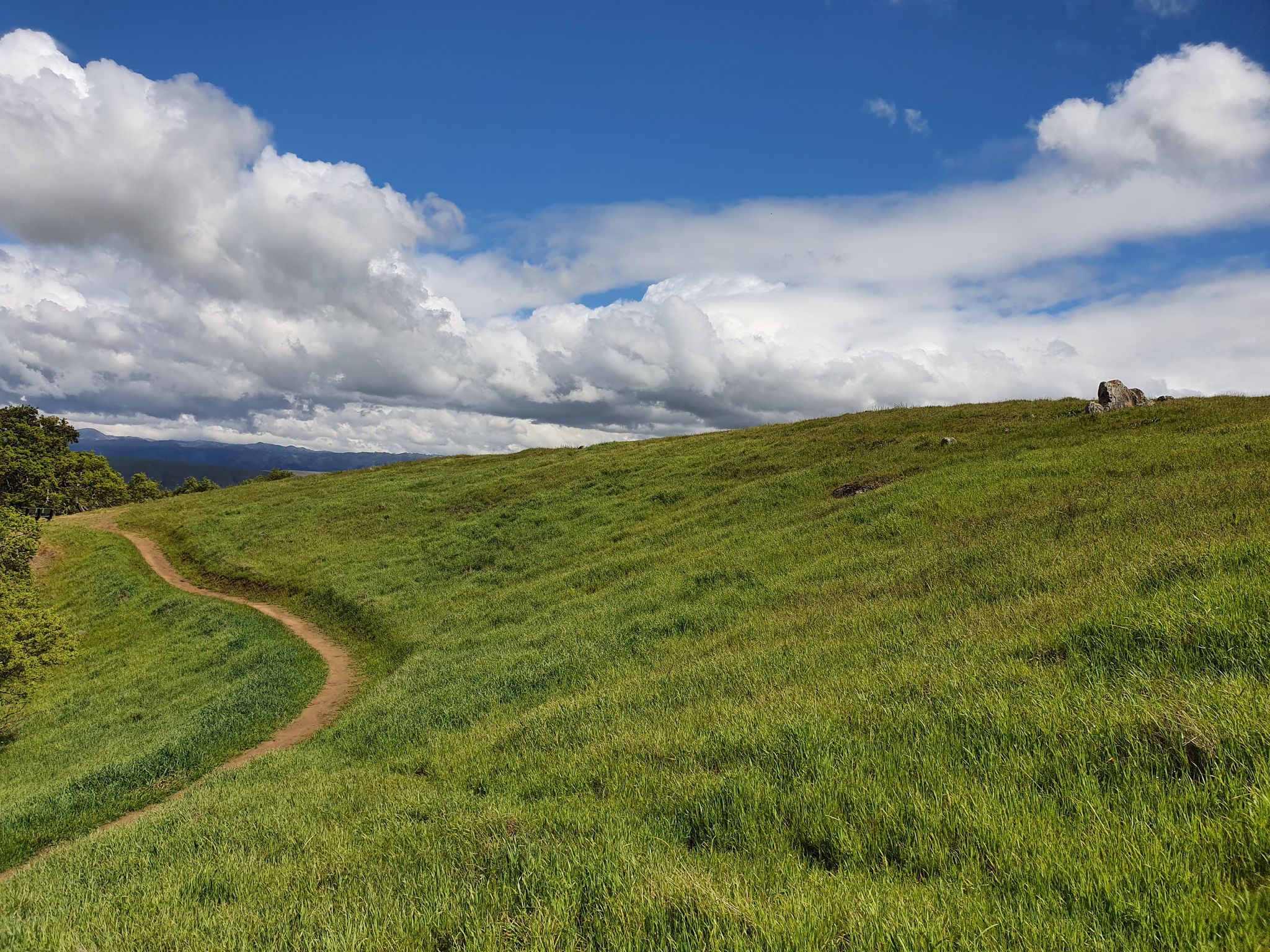 A winding dirt path ascends a vast green hillside under a cloudy sky. - Arrowhead Loop Trail