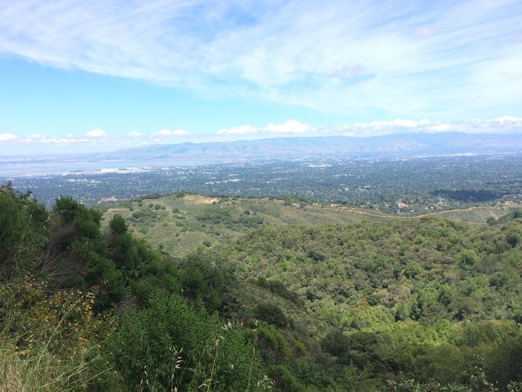 Wide view of a green valley and distant city under a partly cloudy sky. Bright day. - PG&E, Black Mountain, Chamise and Rogue Valley Trail Loop
