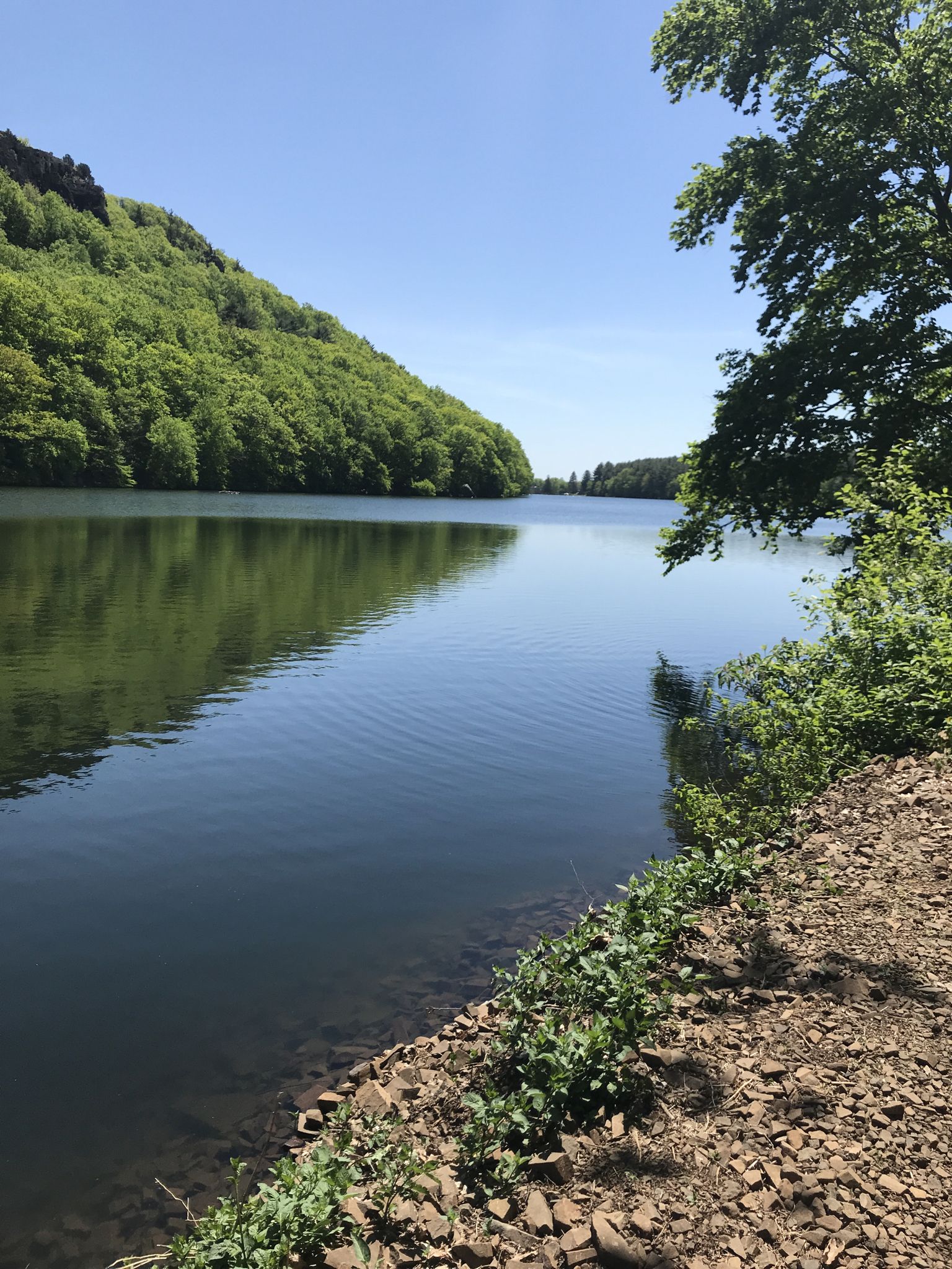 Serene lake with green forested hills and a rocky shore on a sunny day. - Chauncey Peak Trail & Bradley Hubbard Reservoir loop run