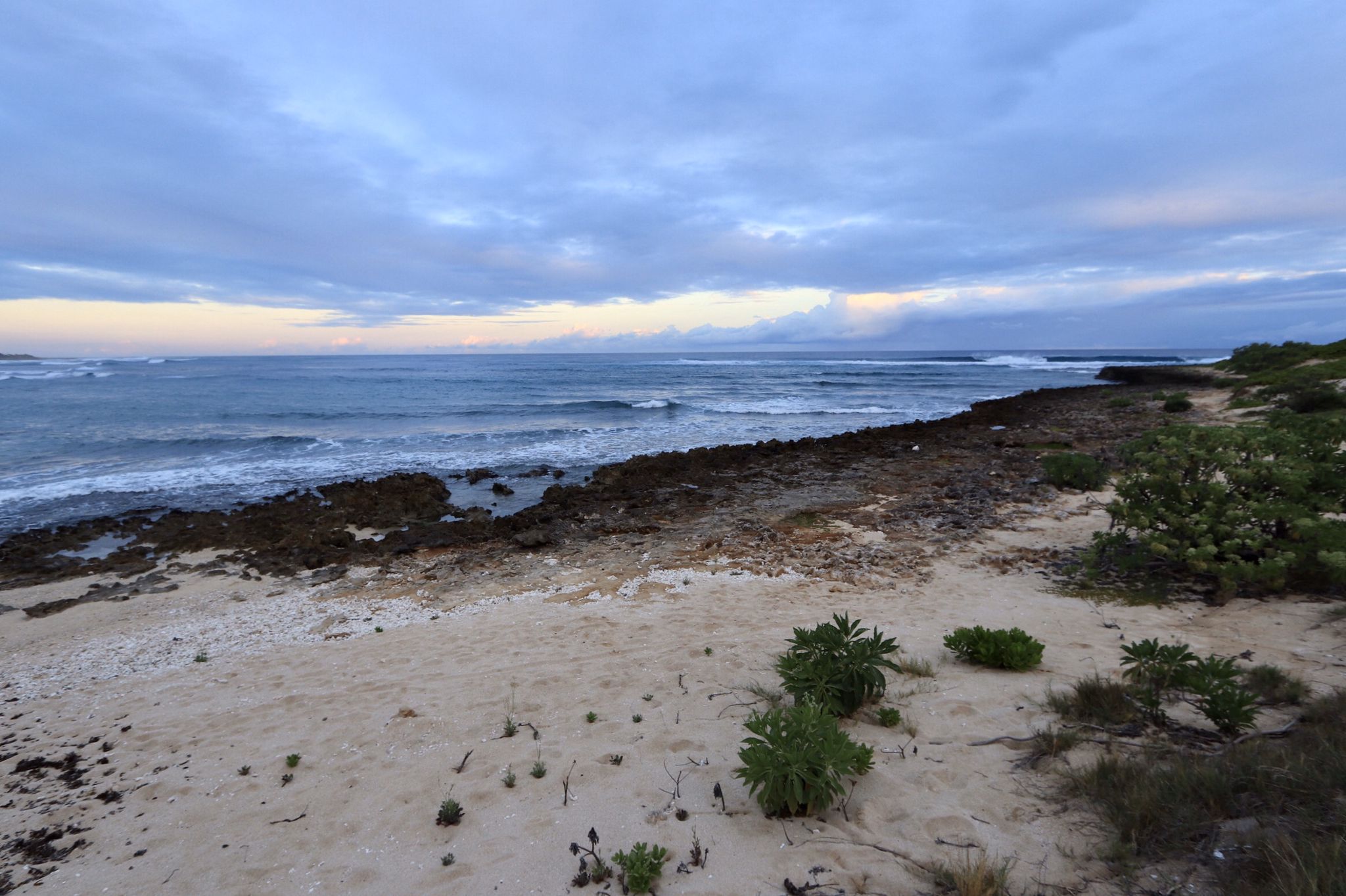 Sandy beach with sparse vegetation, rocky shore, and ocean under cloudy sky. - Keiki Beach – Turtle Bay loop from Kawela Bay