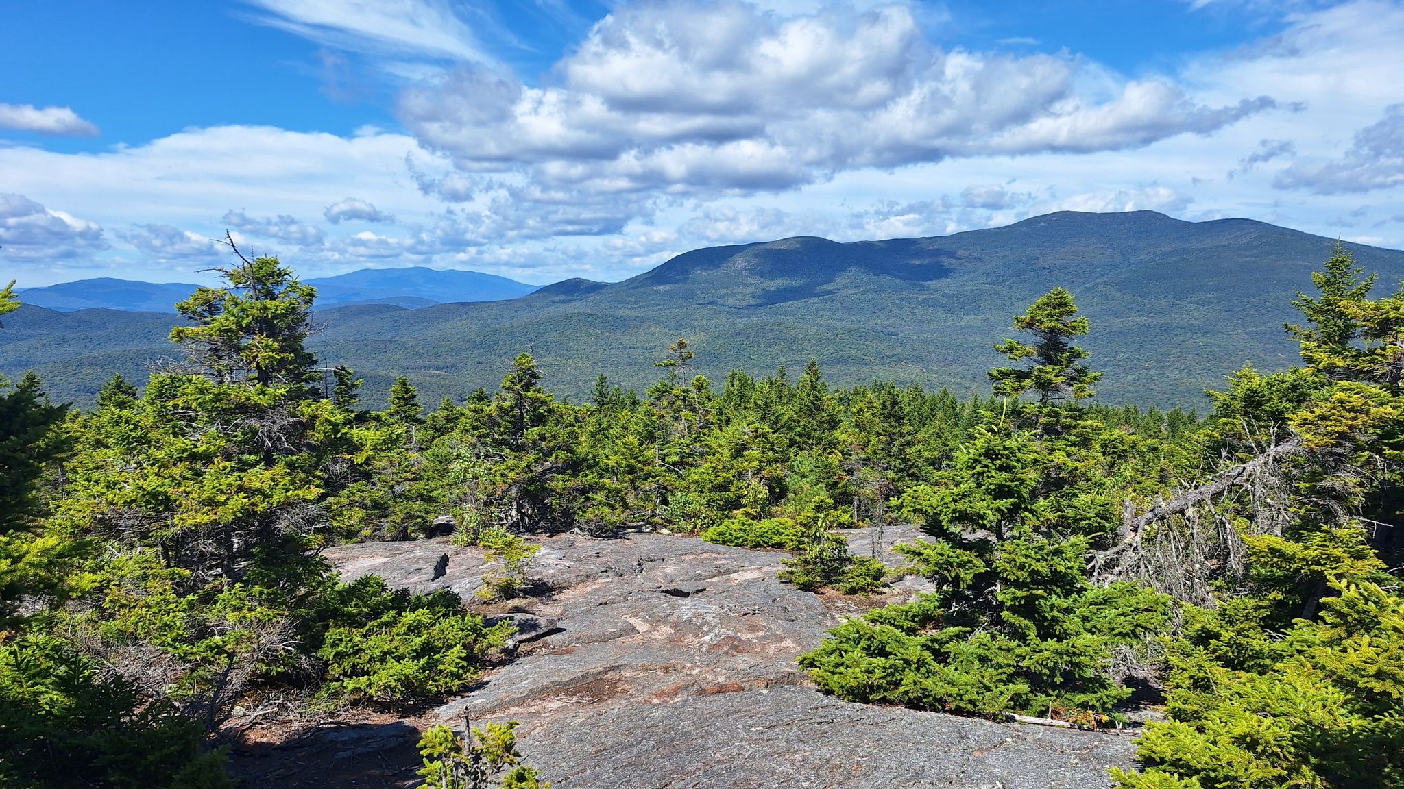 Mountain vista with evergreen trees, rocky foreground, and cloudy blue sky. - Wentworth Trail