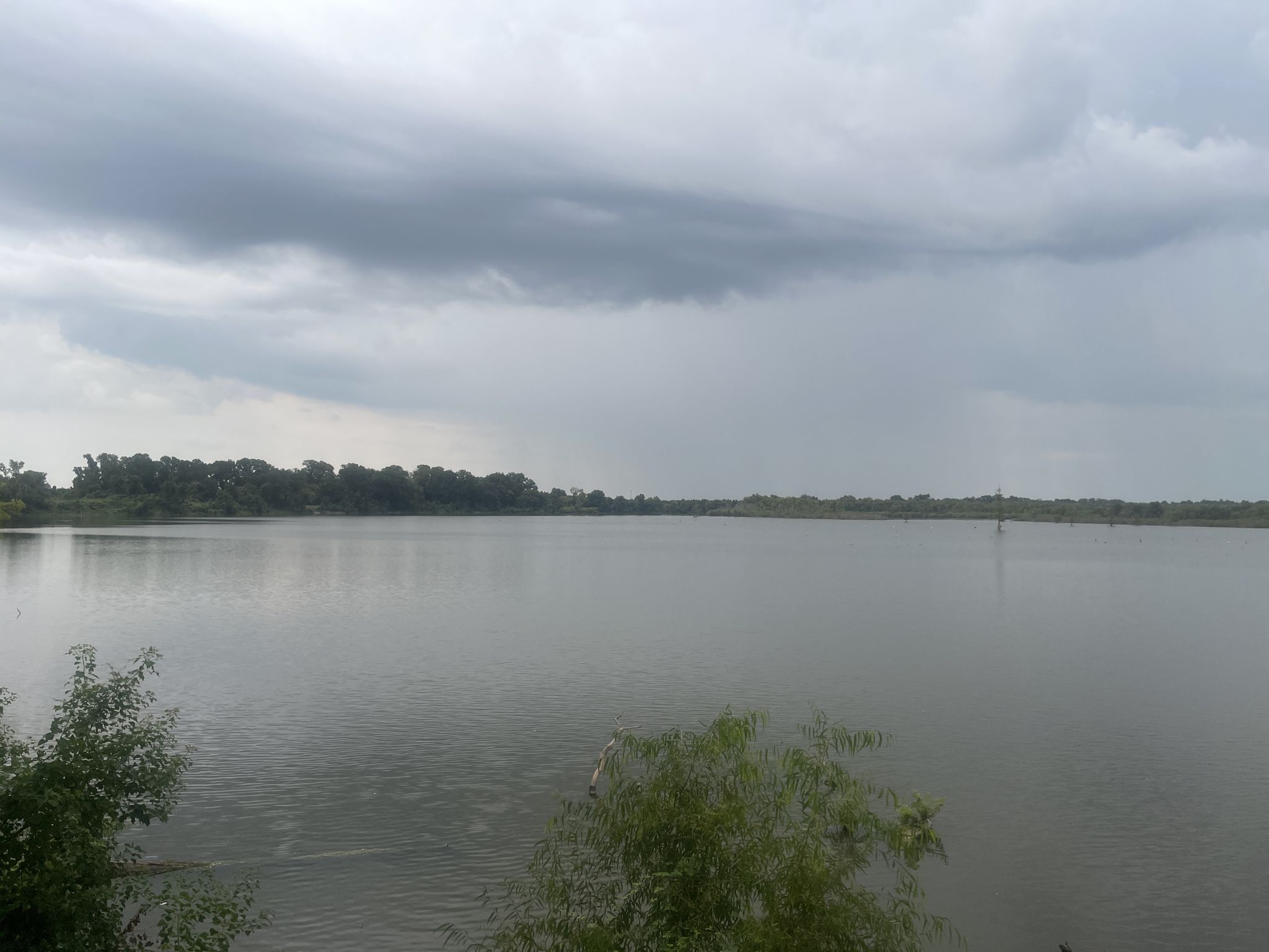 Wide body of water under a cloudy sky with a distant treeline. - Blacktop Trail