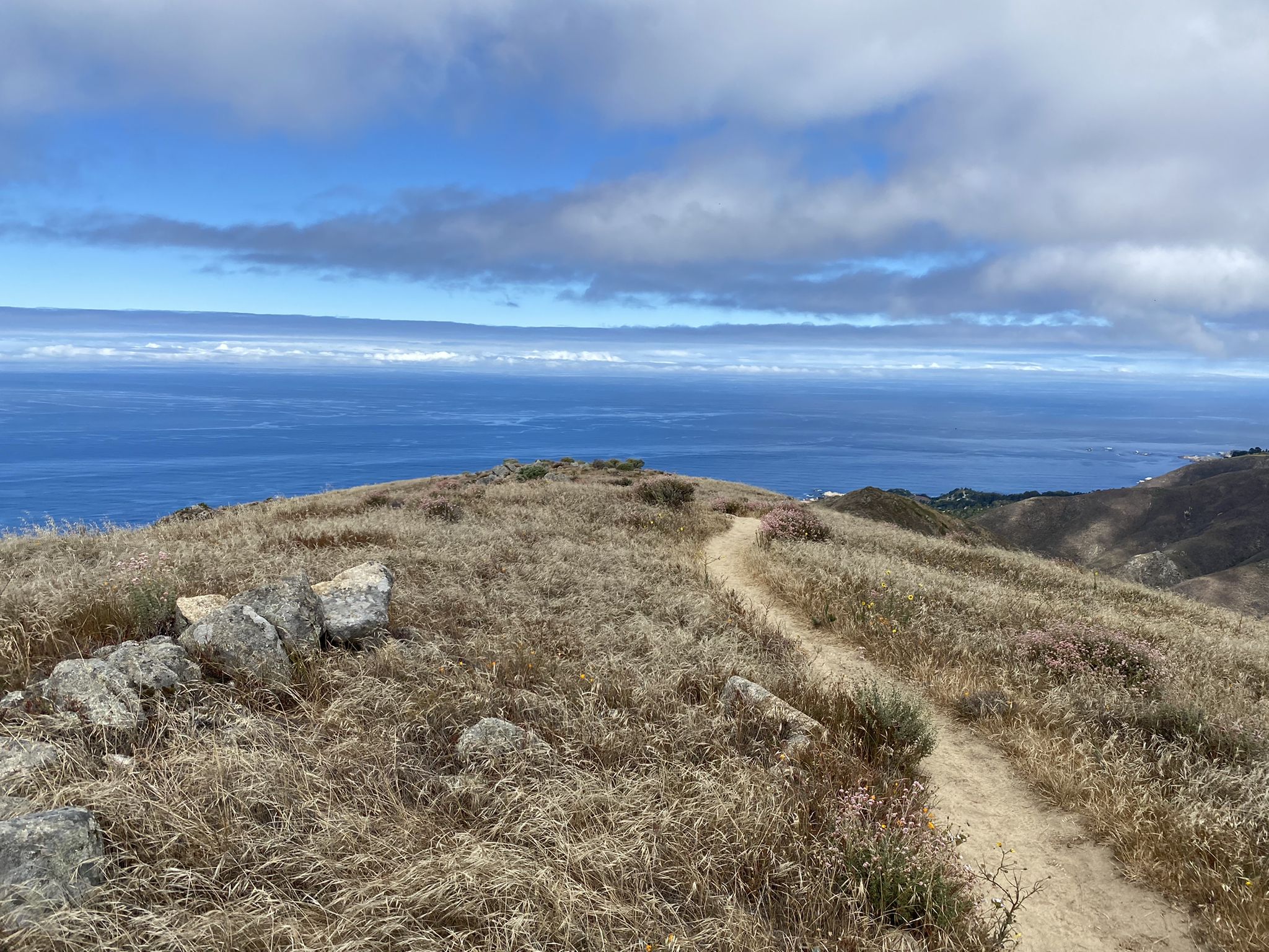 Dirt path on a dry grassy hill overlooking a vast blue ocean. - Soberanes Canyon and Rocky Ridge Trail Loop