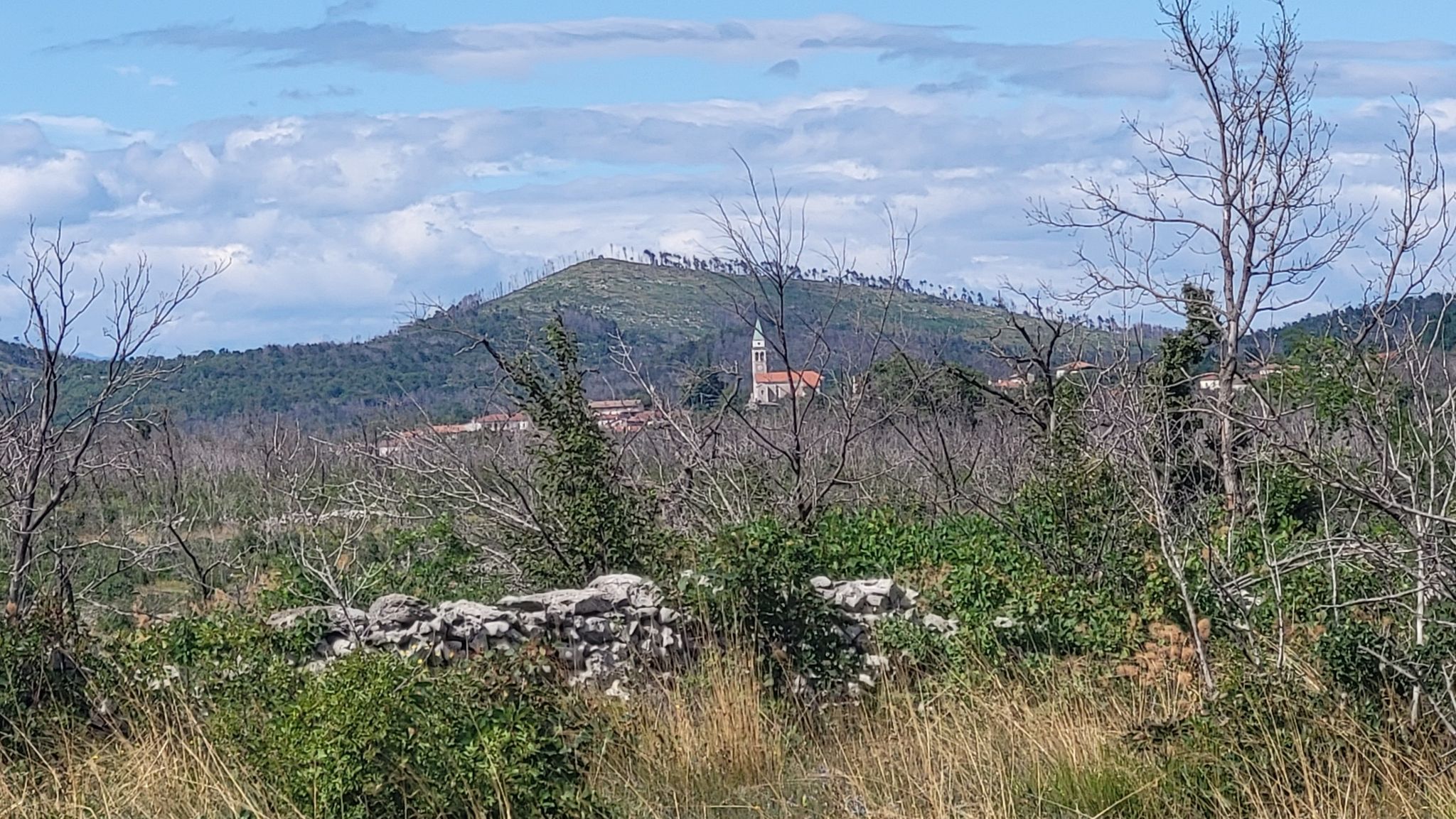 cerkev v Kostanjevici, zadaj pa Fajtji hrib
