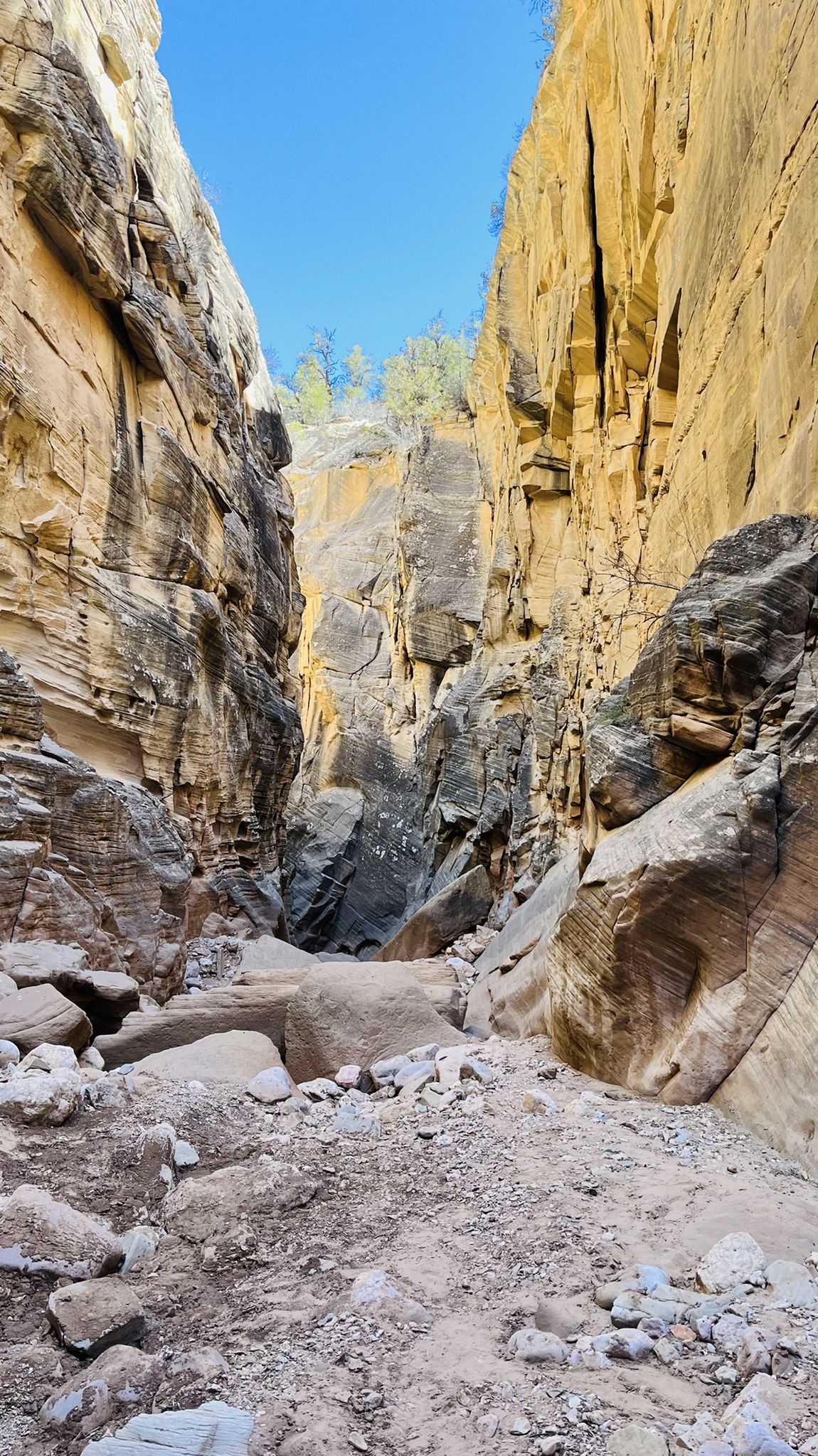 Narrow canyon with towering rock walls and a rocky floor under a bright sky. - Bull Valley Gorge Trail