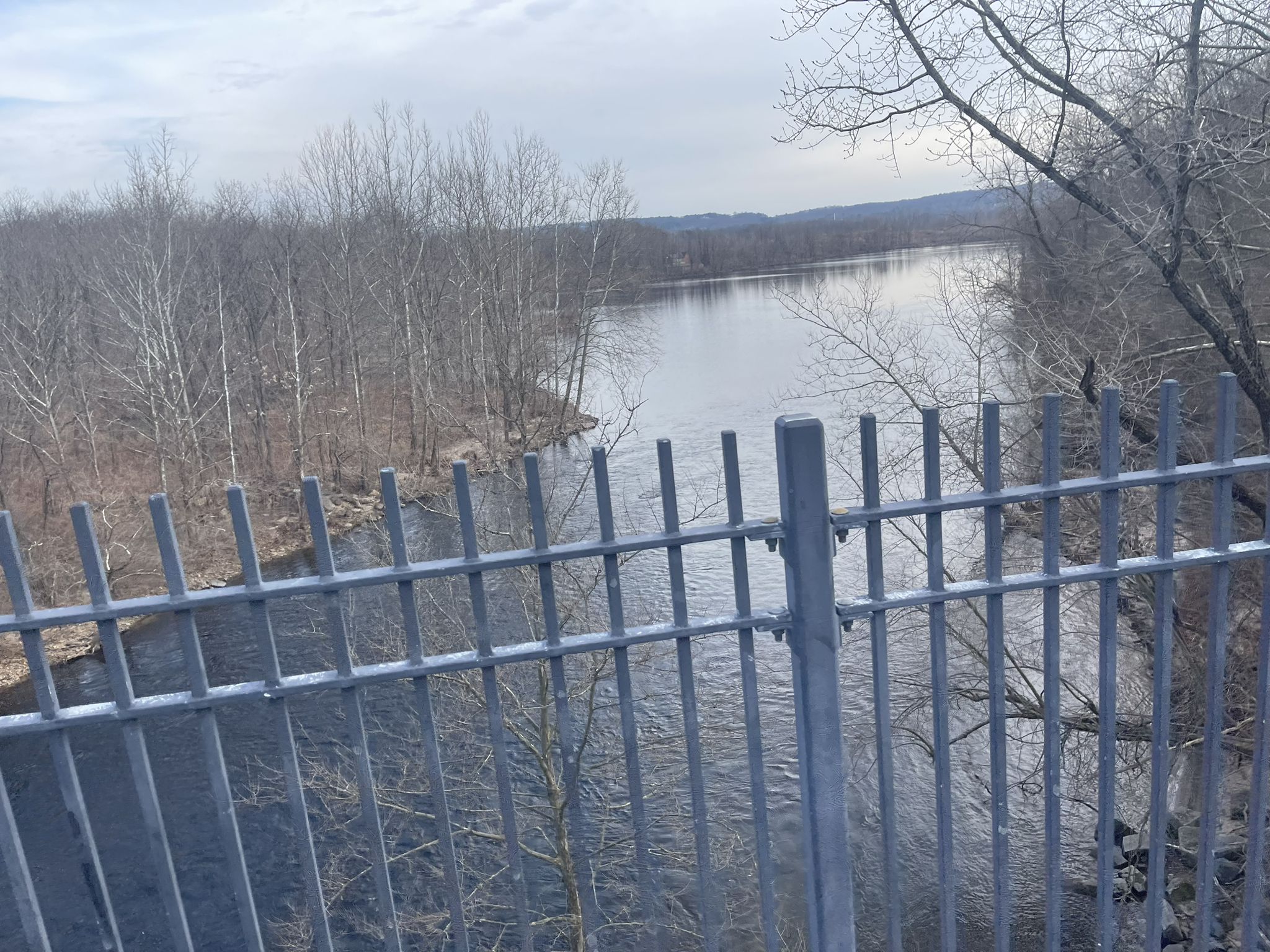 Overcast view of a river and bare winter trees through a gray metal fence. - Farmington River Bridge – Farmington River loop from Huckleberry Hill Recreation Area