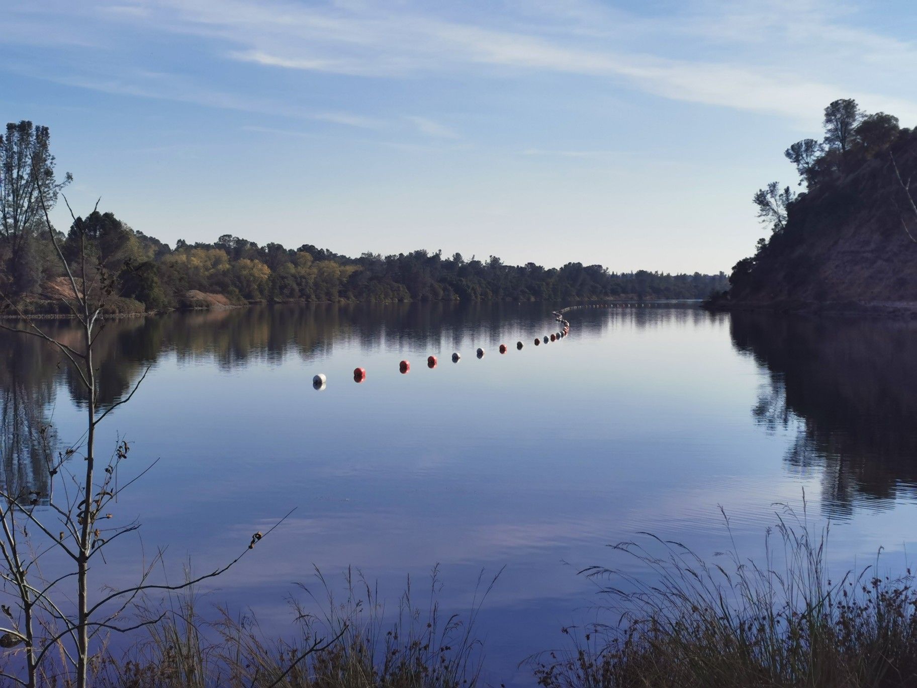 A calm lake with a line of red and white buoys under a soft blue sky. - American River Bike Trail and Black Miners Bar Loop