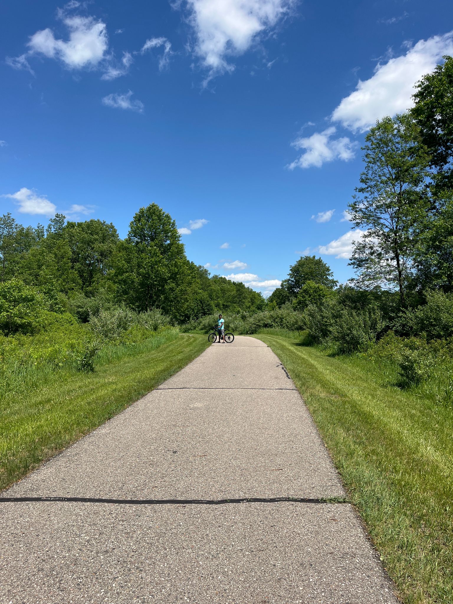 Person on bike on straight paved path through sunny green woods. - Hike-Bike Trail