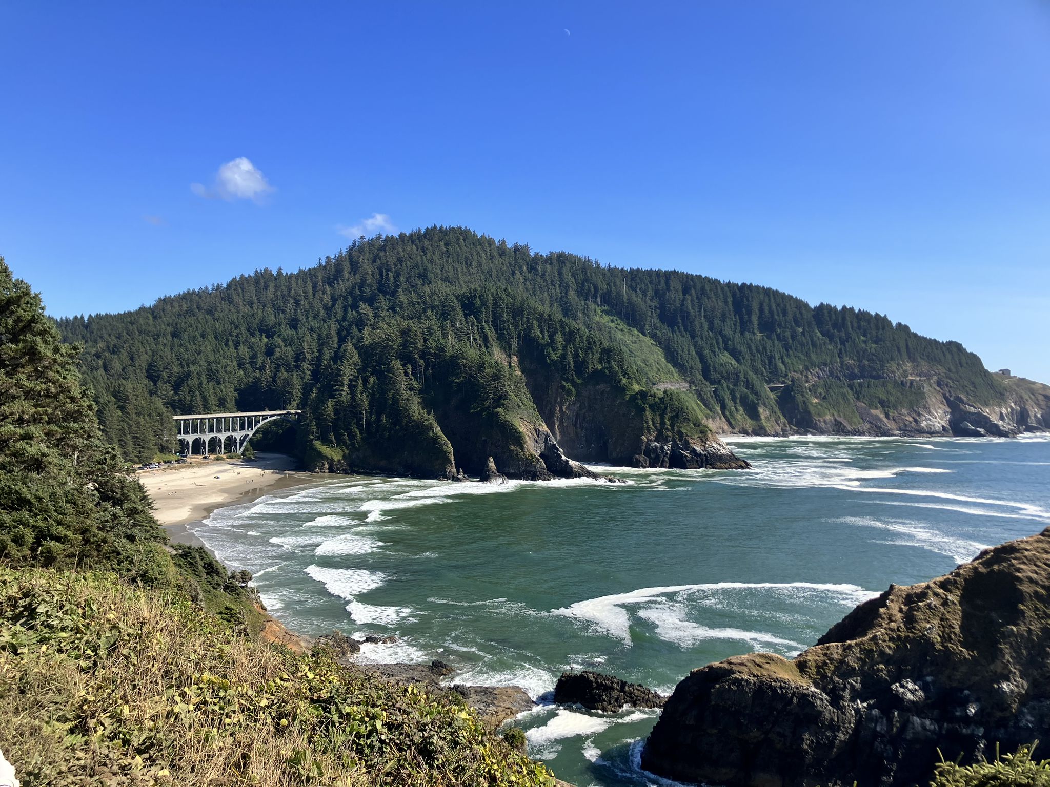 Expansive coastal view with forested hills, ocean, sandy beach, and a large bridge. - Heceta Head Trail