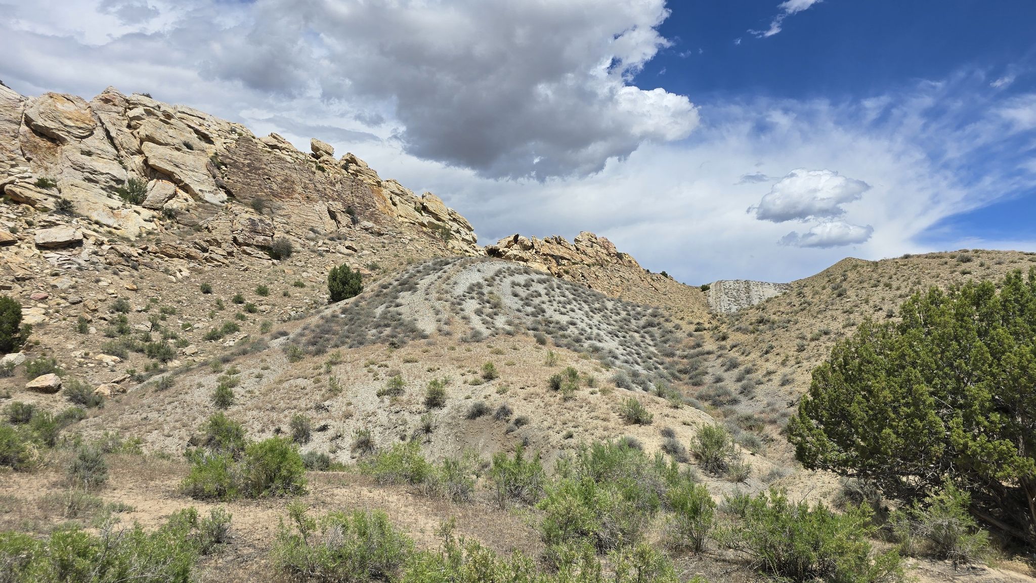 Rugged arid hills with scattered scrub brush under a partly cloudy sky. - Morrison Formation – Quarry Visitor Center loop from Quarry Exhibit Hall