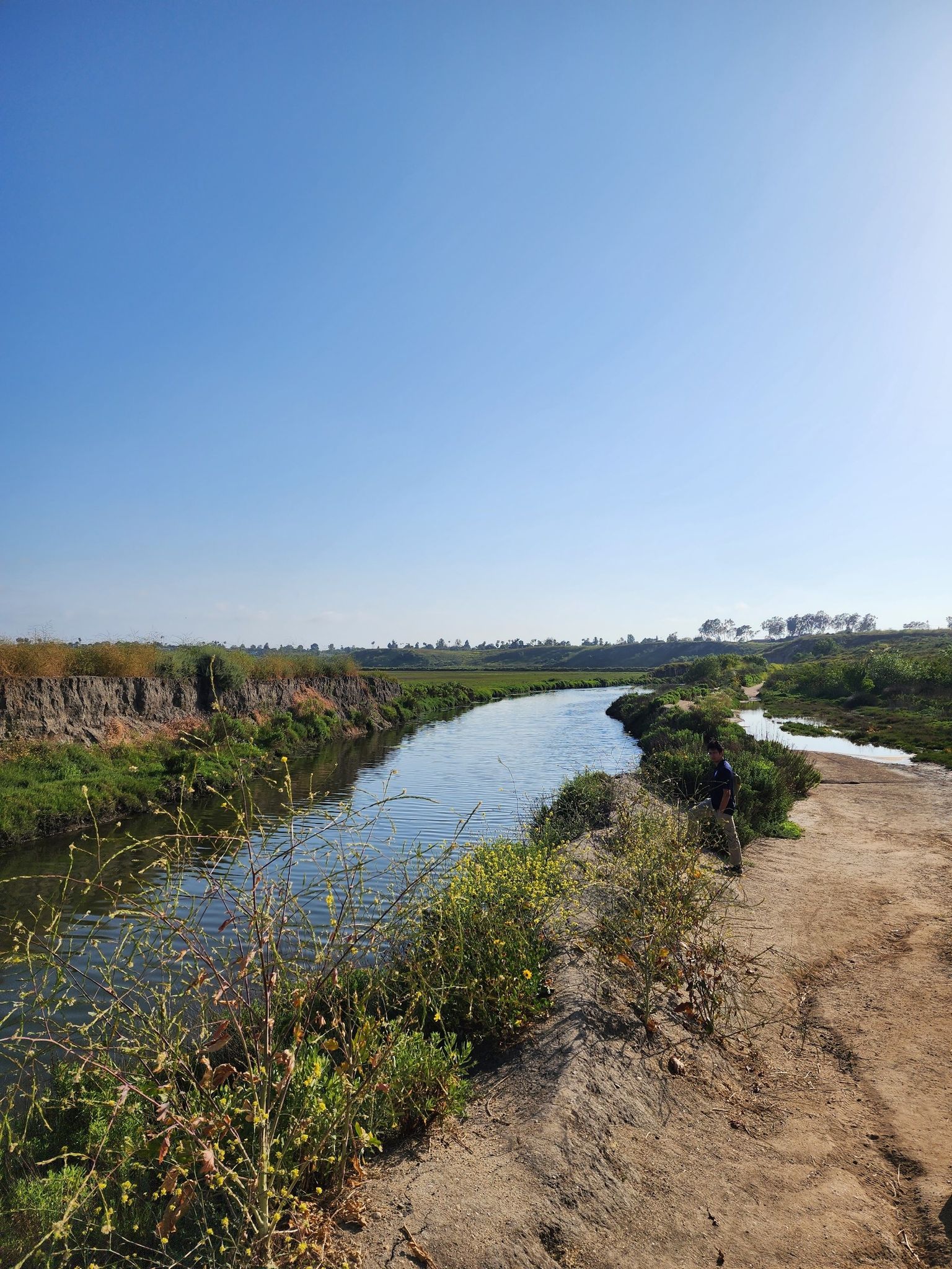 A river flows between green banks and a dirt path under a clear blue sky. - Back Bay Loop Trail