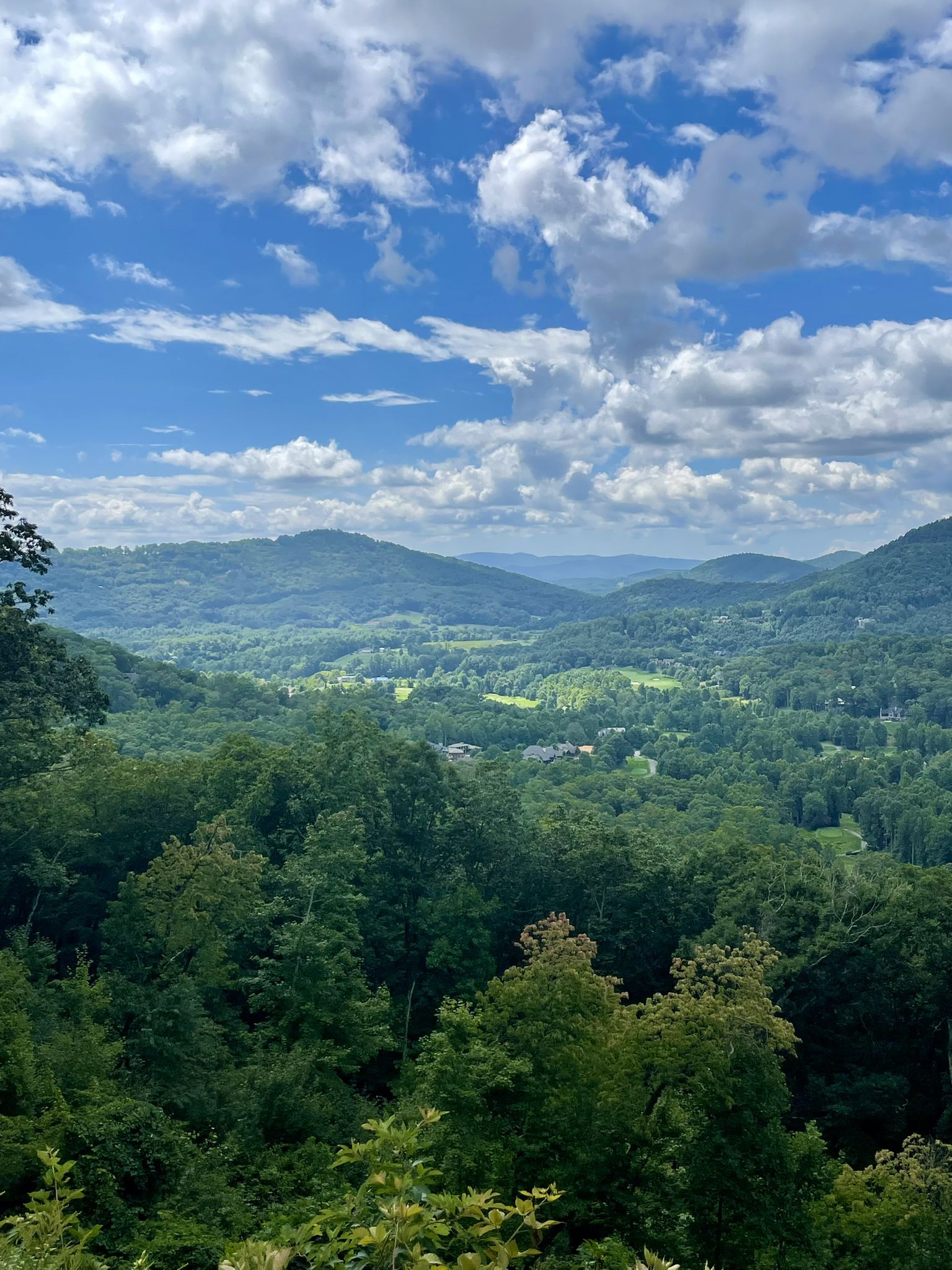 Panoramic view of lush green valleys and mountains under a bright, cloudy blue sky. - Pisgah Highway & Blue Ridge Parkway loop