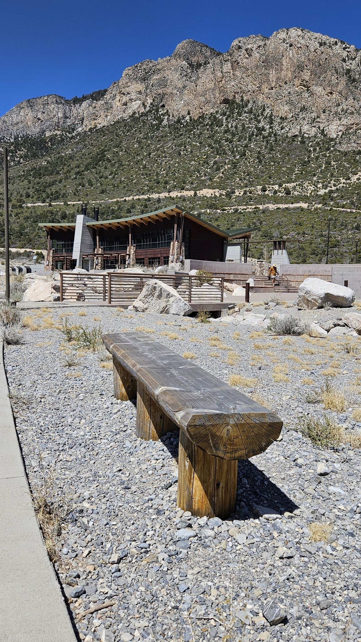 A rustic wooden bench on gravel, with a modern building and mountain behind. - Escarpment Trail Loop