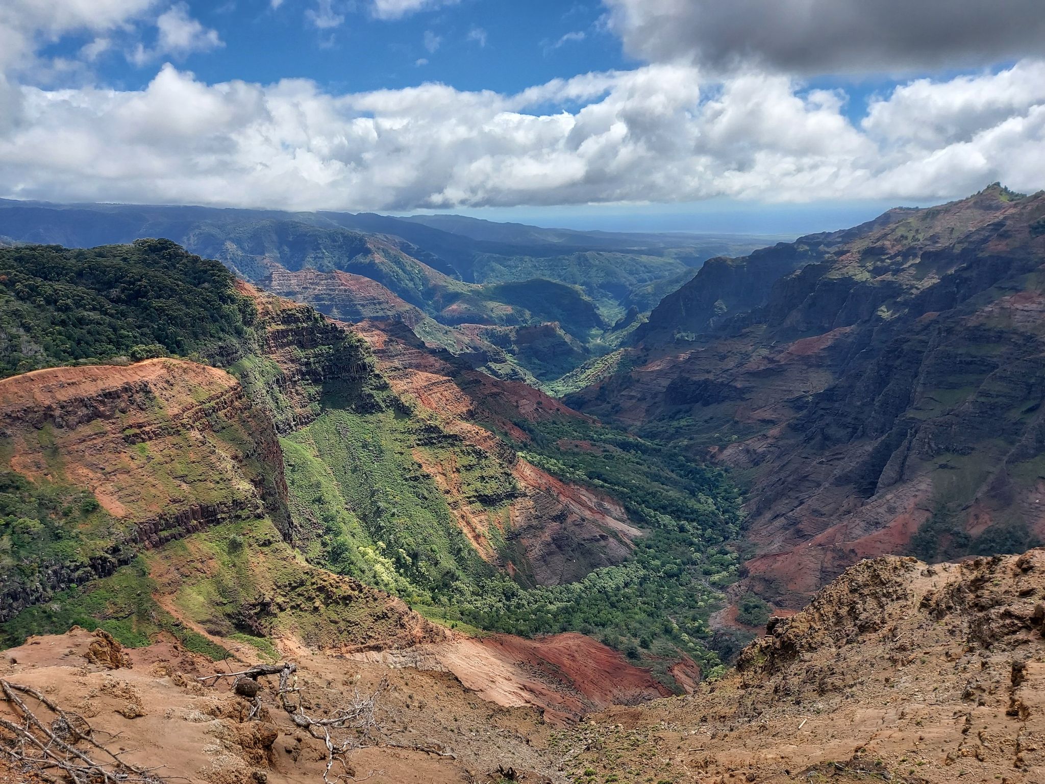 Expansive canyon view with green and red slopes under a cloudy sky. - Halemanu and Pu'u Hinahina Trail Loop