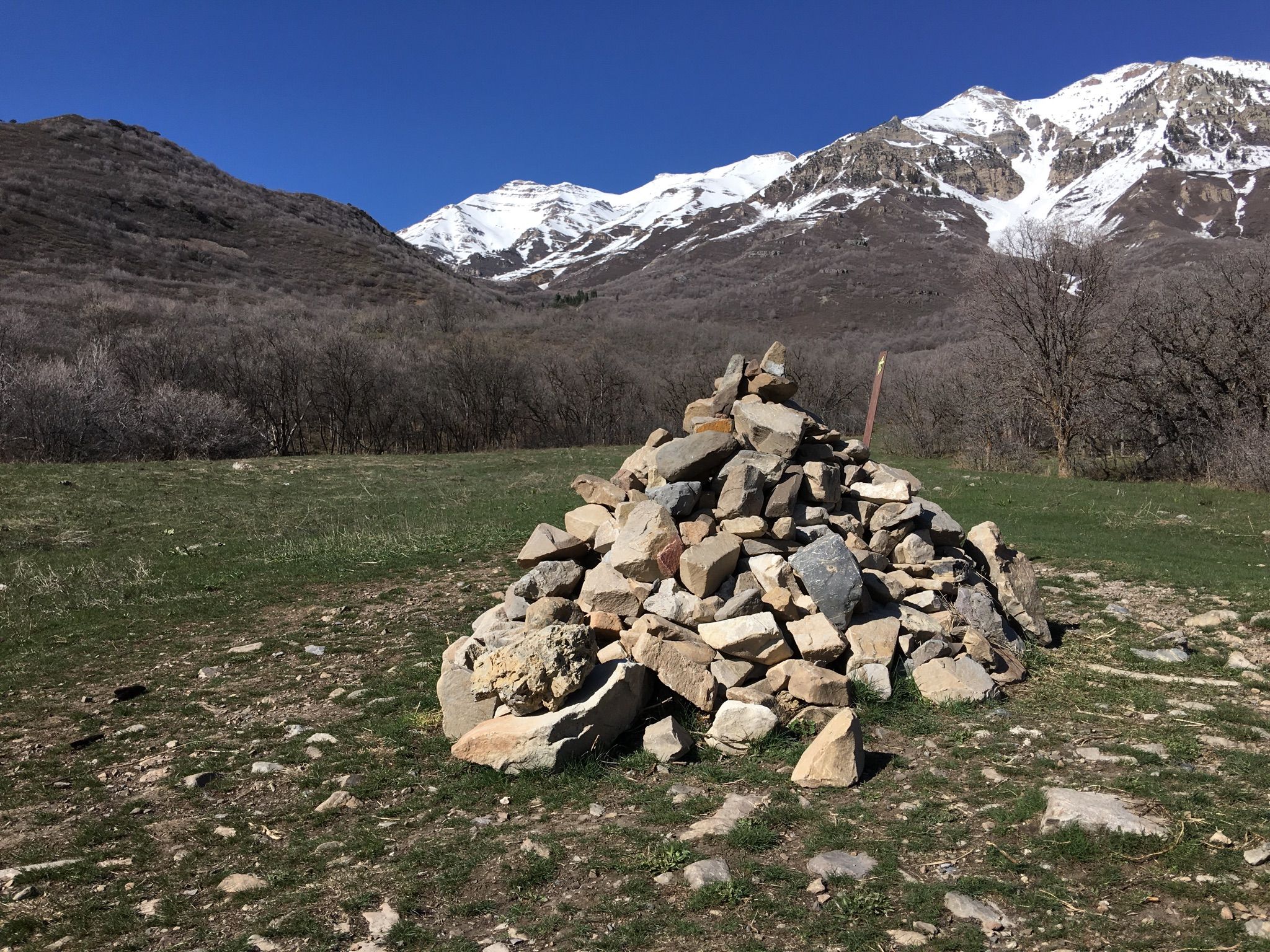 Large rock cairn in a grassy field with snow-capped mountains under blue sky. - Mountainbike loop from Overflow Parking 2