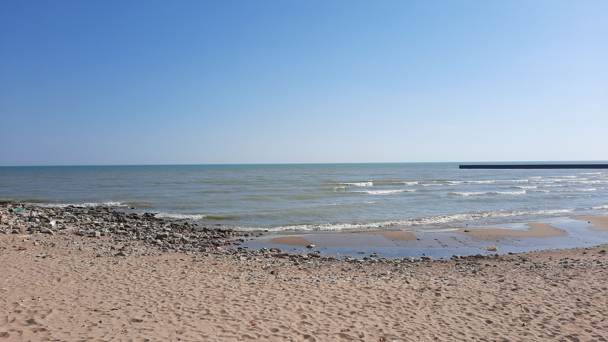 Wide sandy beach with a rocky shore and calm water under clear sky. - Burnham Shores Park – Lee Street Beach loop from Evanston