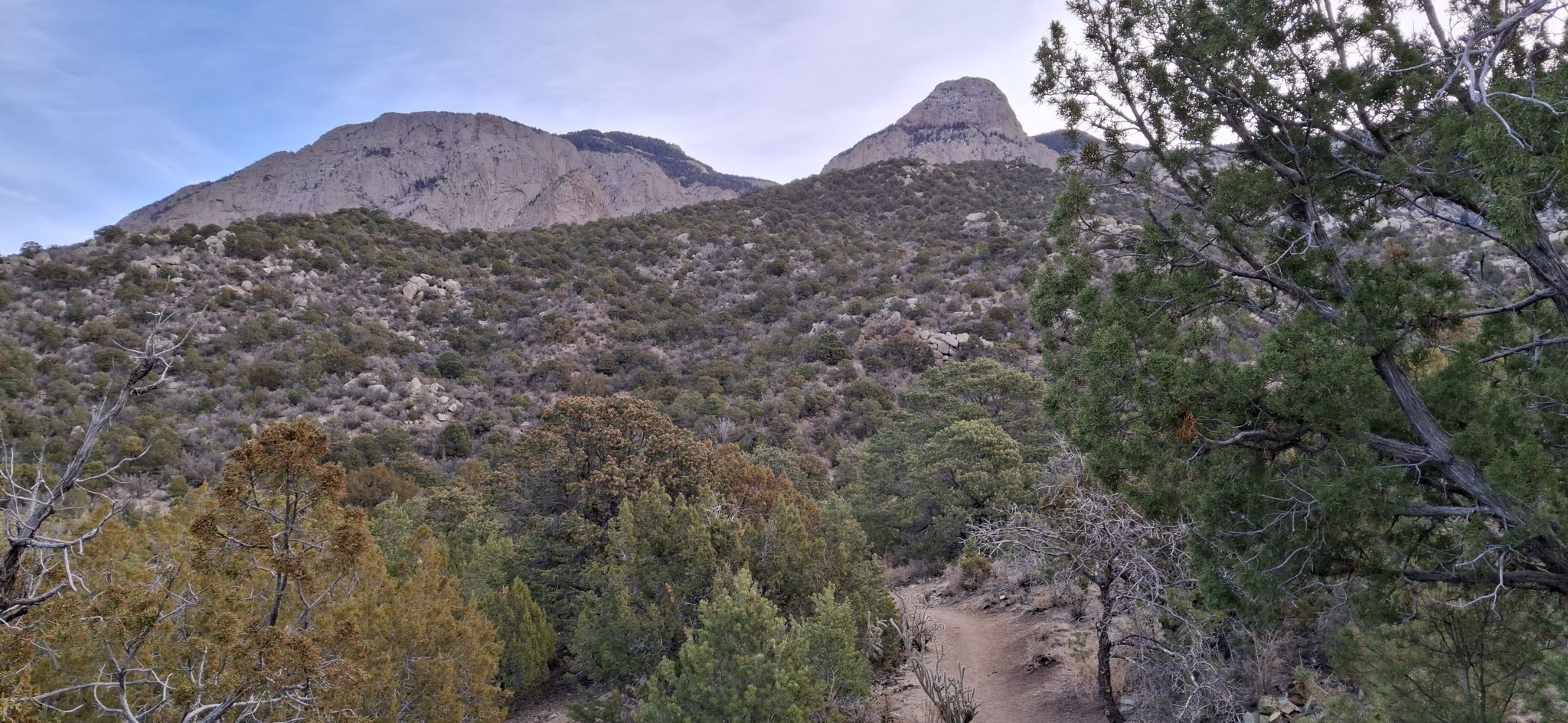 Rocky mountain peaks rise above a dense green forest under a clear sky. - Piedra Lisa South Trail