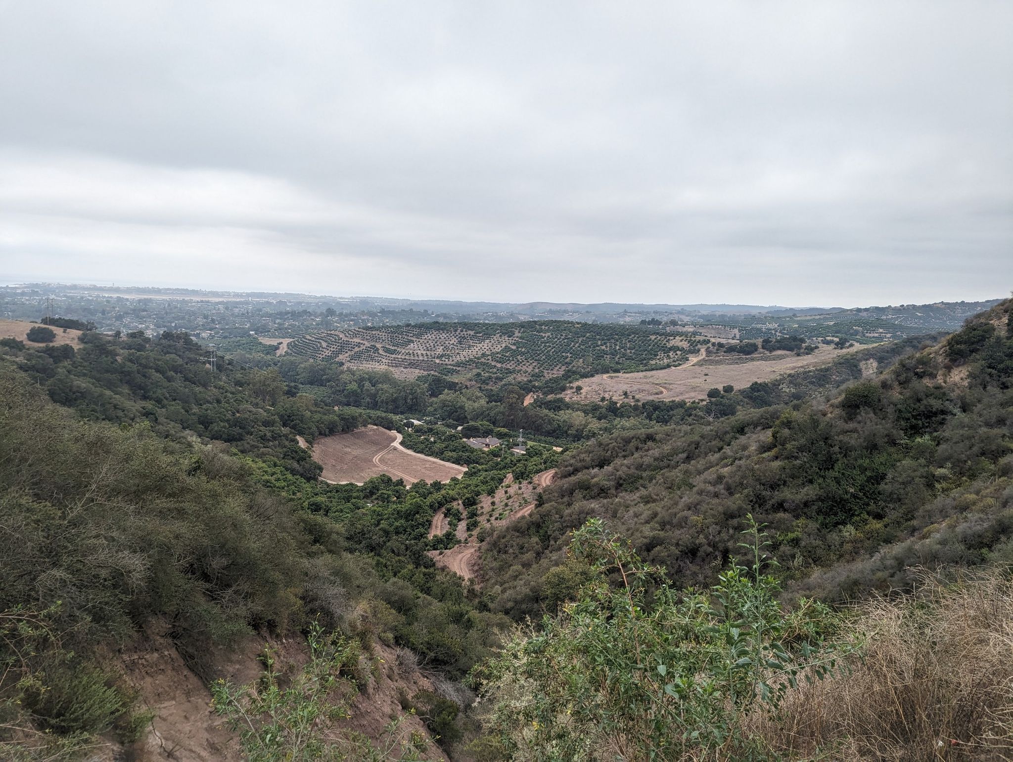 Overcast view of a wide valley with green hills and cultivated fields. - El Capitan State Beach – Cold Spring Arch Bridge - National Landmark loop from University of California, Santa Barbara
