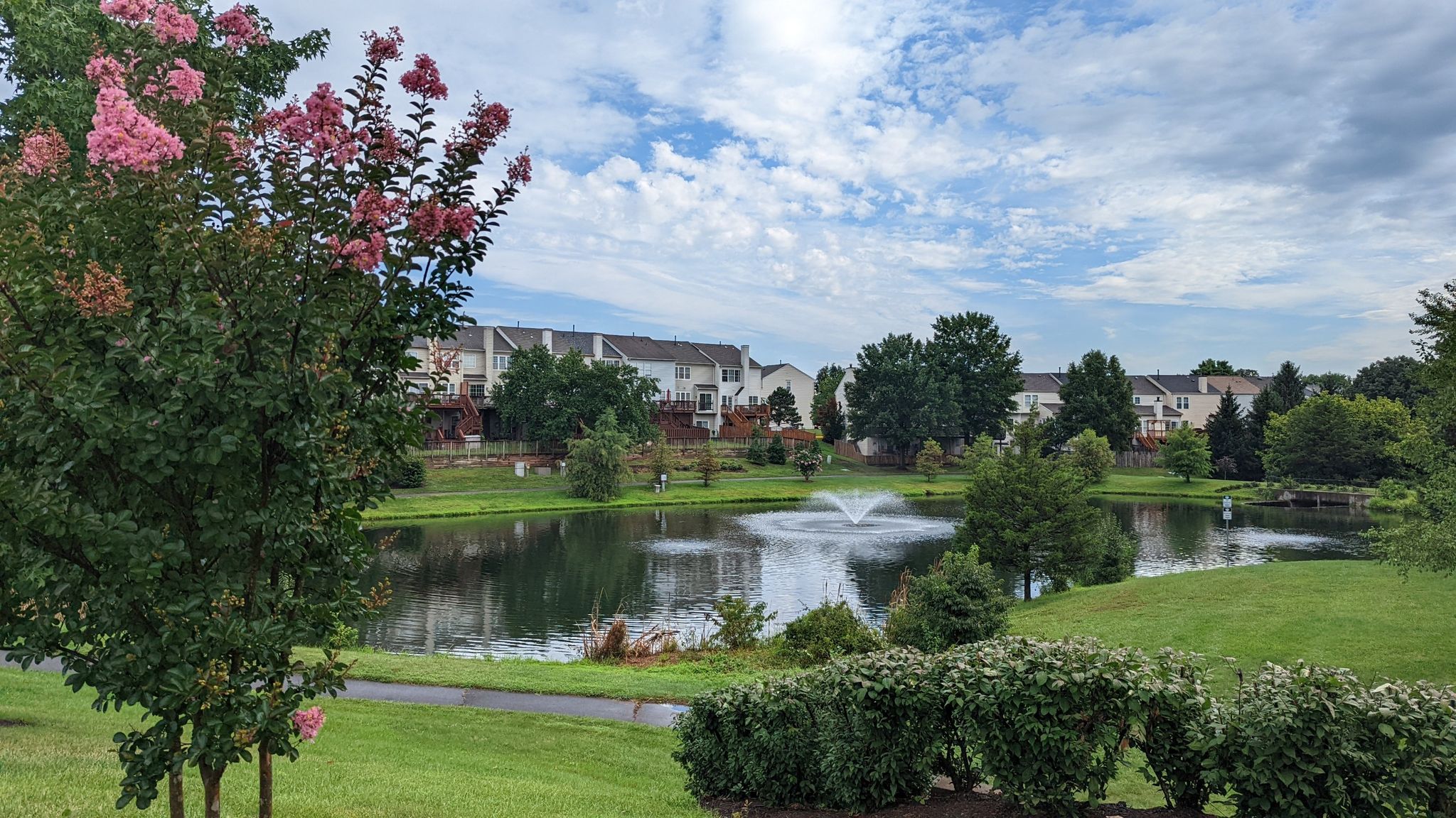 Pond with fountain, green landscape, houses, and flowering bush under cloudy sky. - Herndon Caboose Park – Green Lizard Cycling, Herndon loop from Ashburn