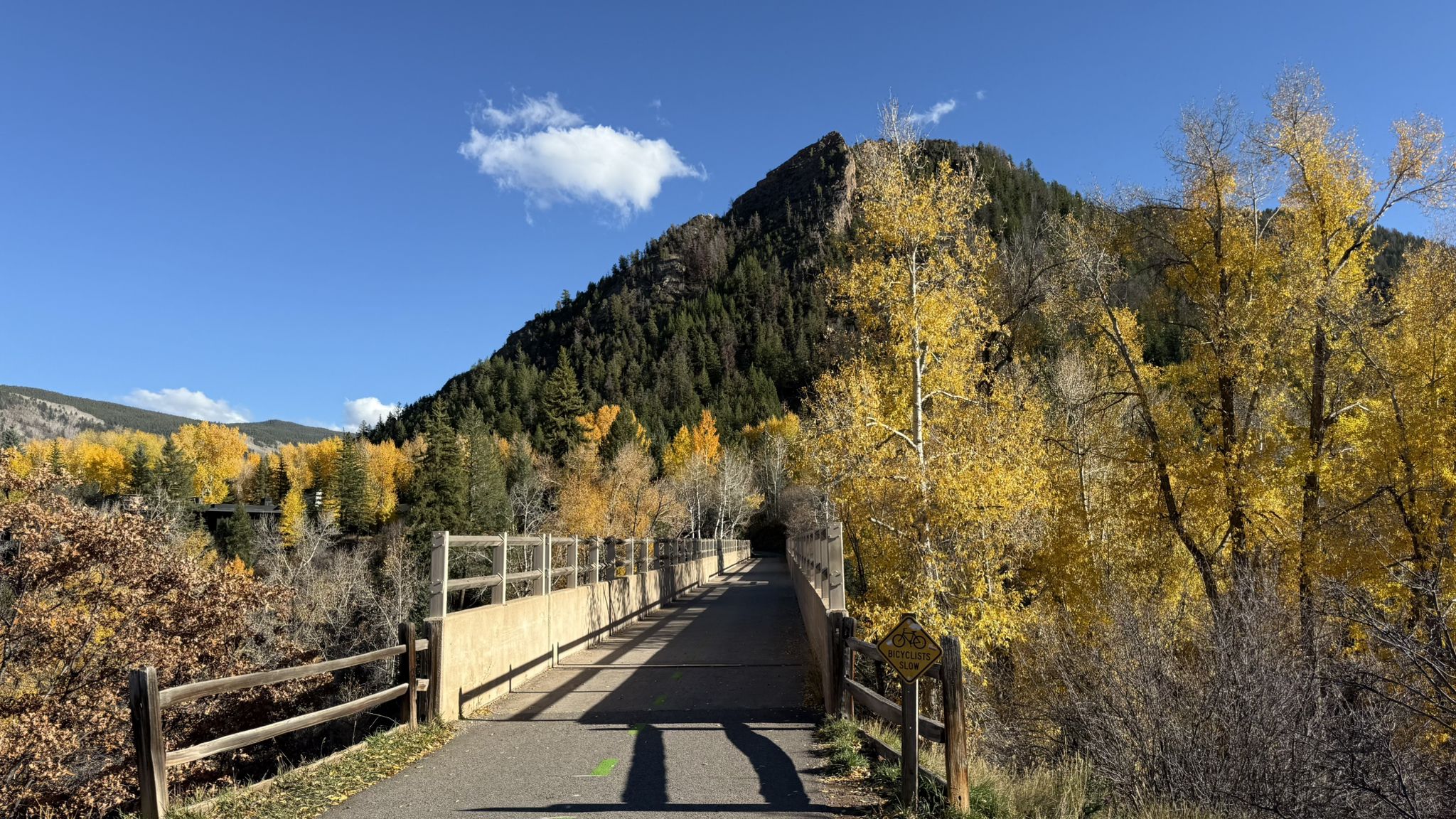 Paved path and bridge leading towards a mountain, surrounded by autumn trees. - Ashcroft Ghost Town via Castle Creek Road