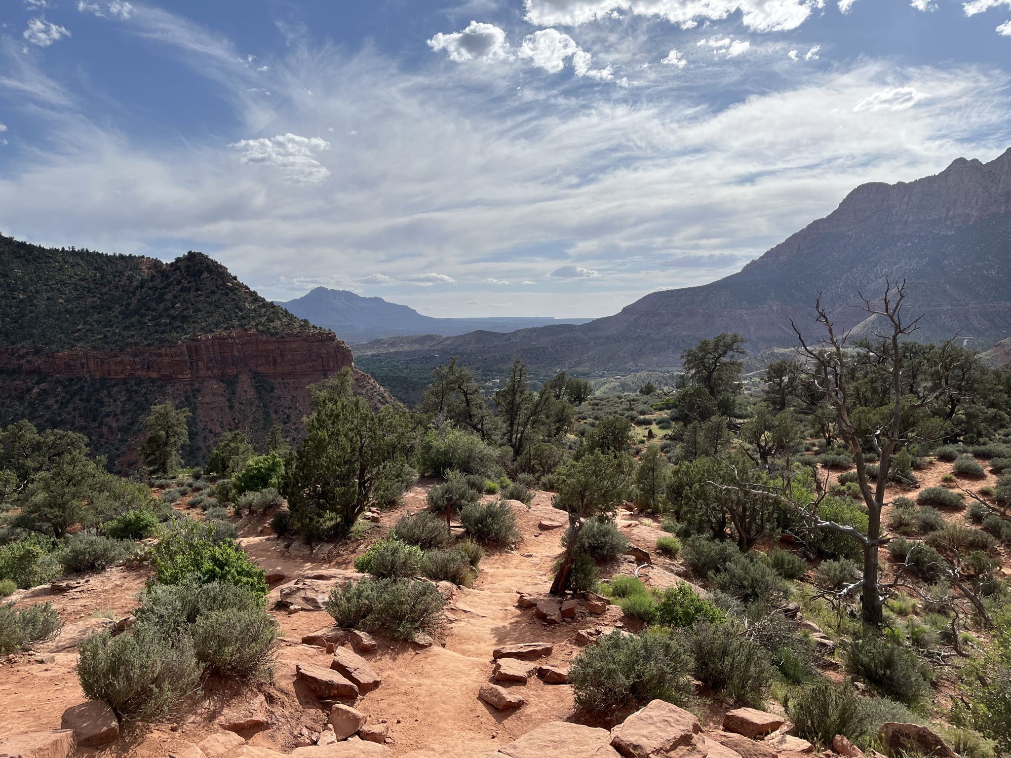 A winding dirt path through a desert landscape with distant mountains under a cloudy sky. - Watchman Trail – Zion National Park loop from Springdale