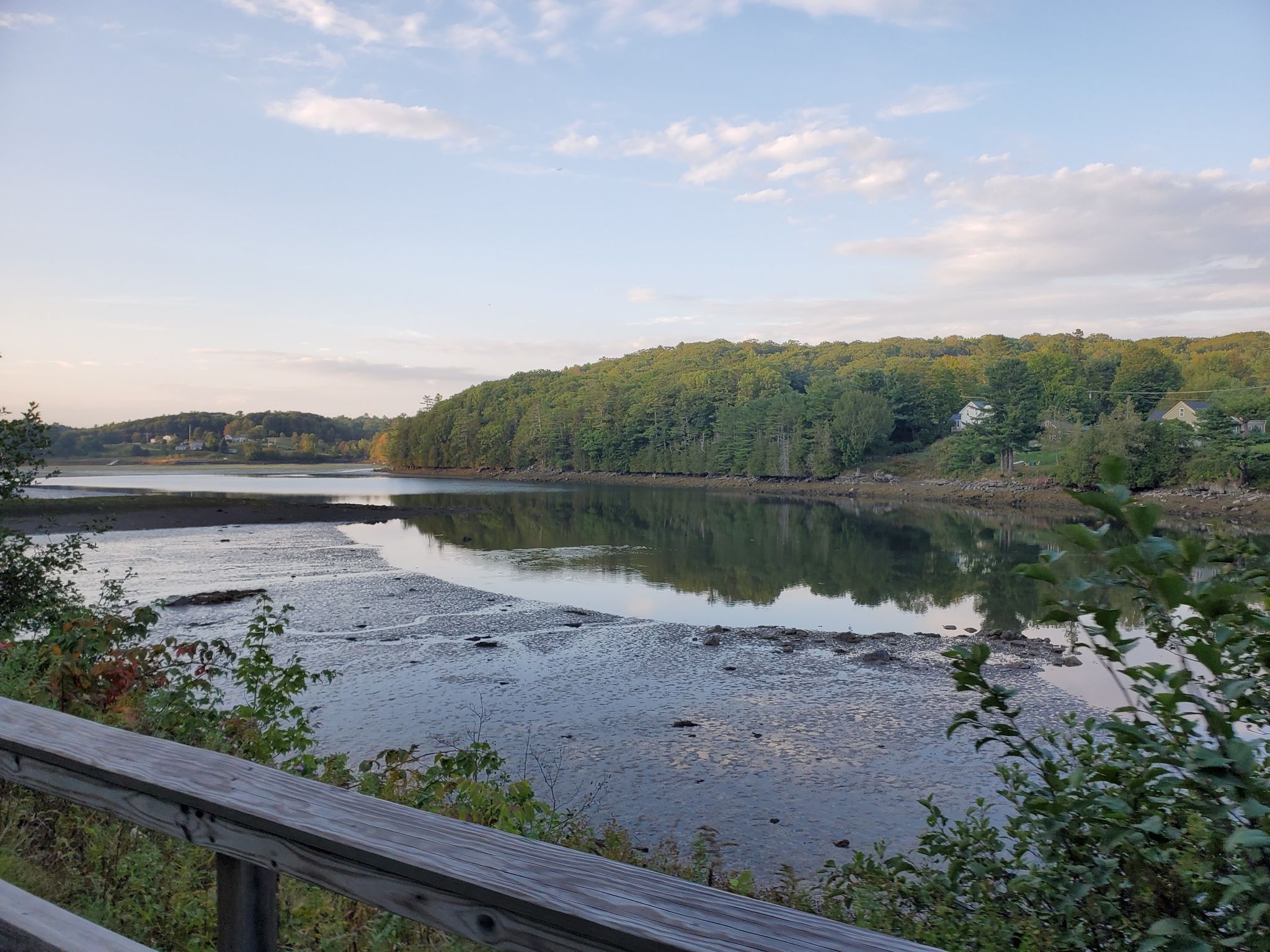 Mudflats at low tide, reflecting sky, with forested hills in background. - Belfast Rail Trail – Harbor Walk loop from Belfast