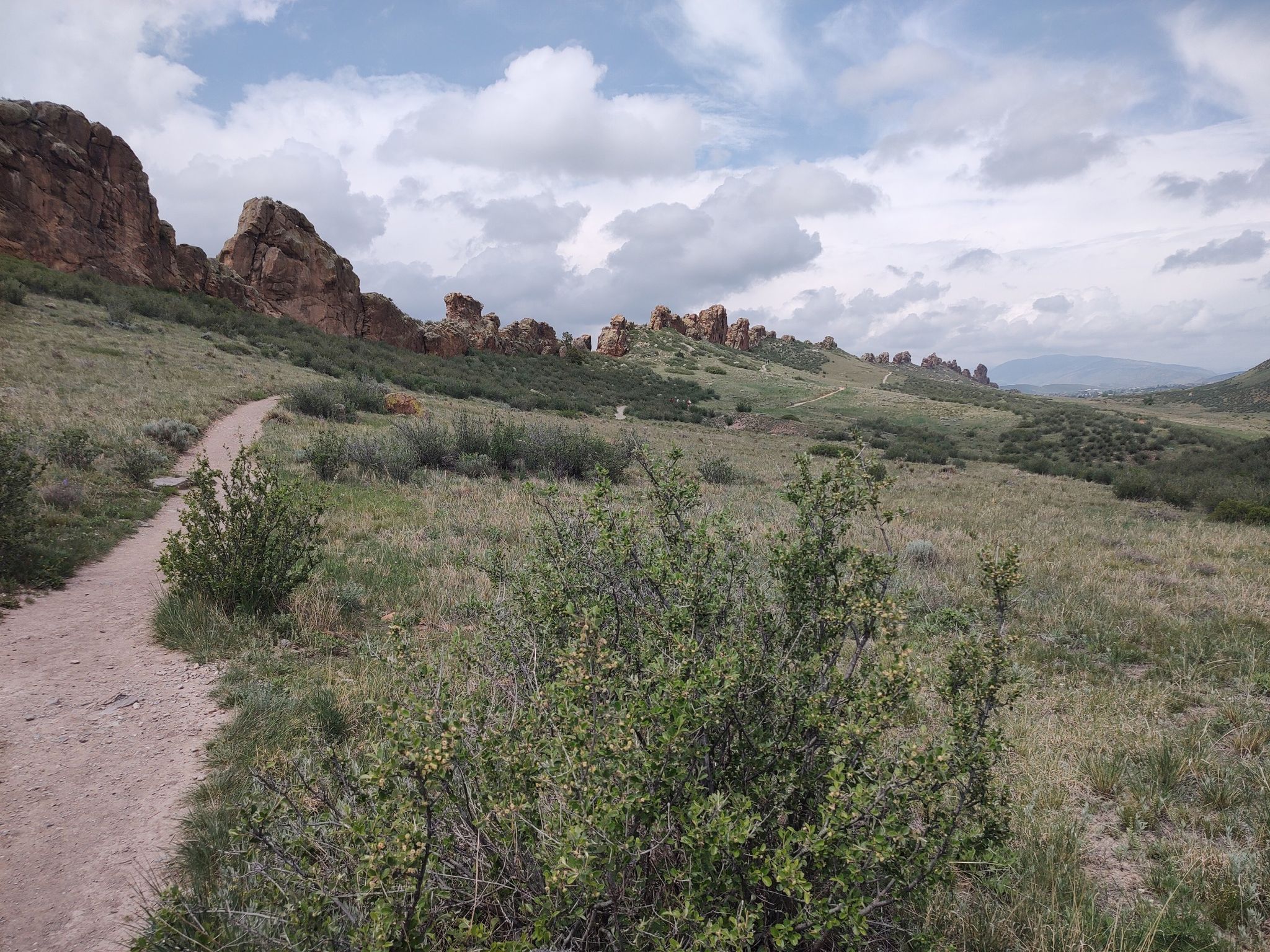 Dirt path winding through grassy hills with rock formations under cloudy sky. - Devil's Backbone viewpoint – The Keyhole loop from Morey Wildlife Reserve