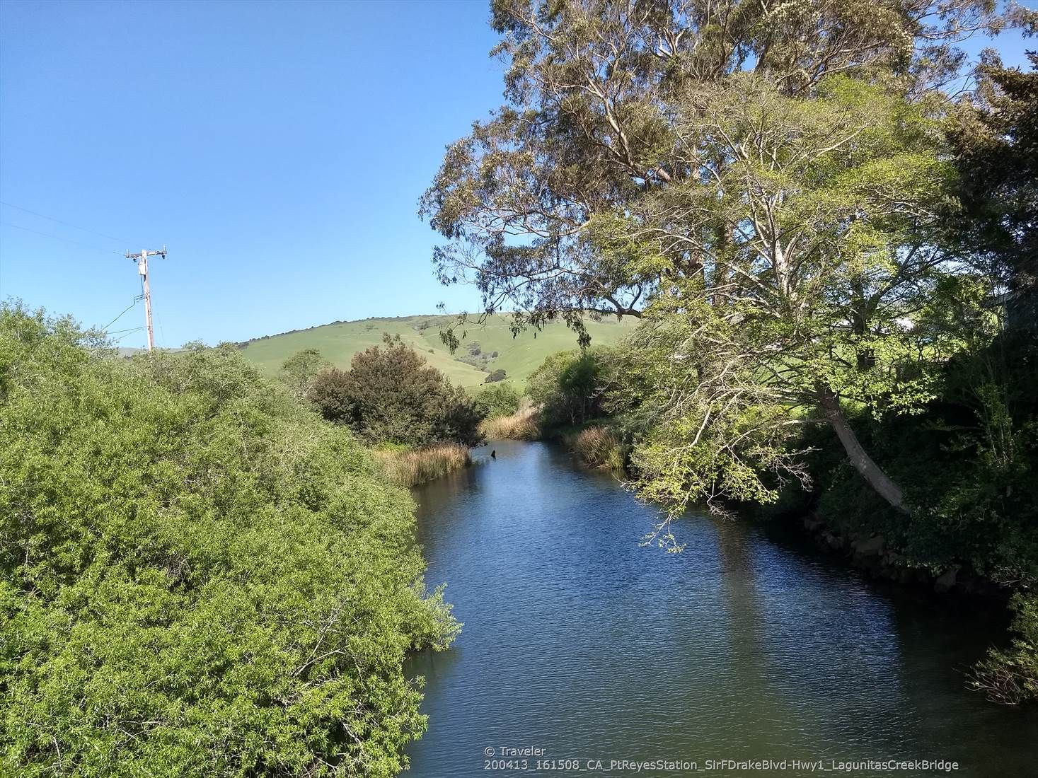 Calm river flowing between lush green trees and distant hills. - Olema-Bolinas Road – Point Reyes Station loop from Bolinas