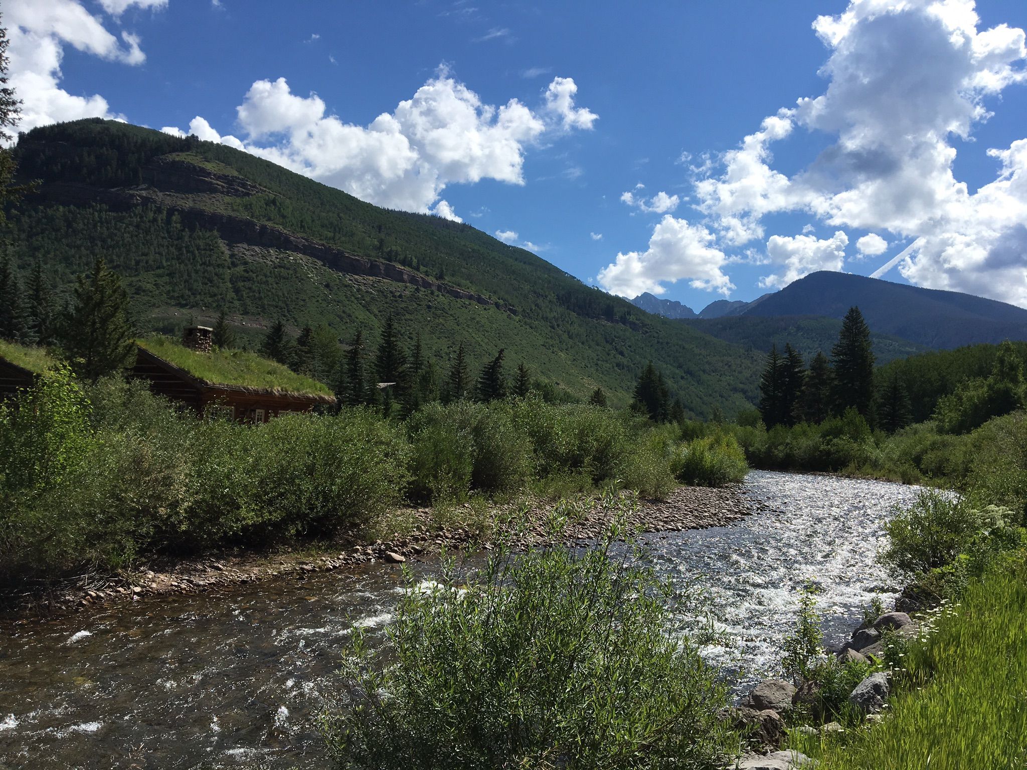 Rushing river through green bushes, with mountains and a cloudy sky. - Ford Park – Gore Creek Trail loop from Gore Creek Campground