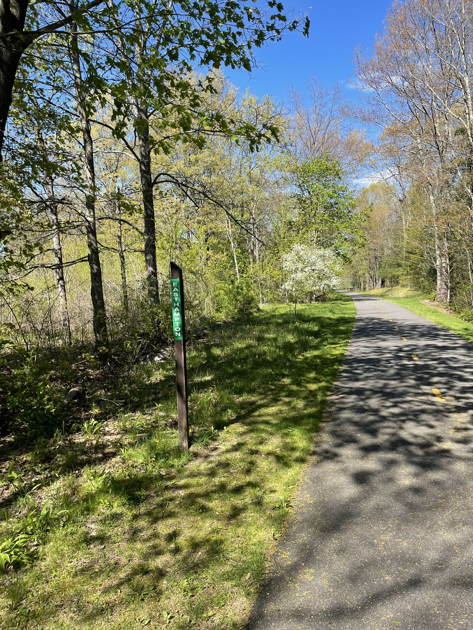 Green signpost beside a paved path, surrounded by trees and green grass. - Rubber Thread Pond loop from Pomeroy Meadows Conservation Area
