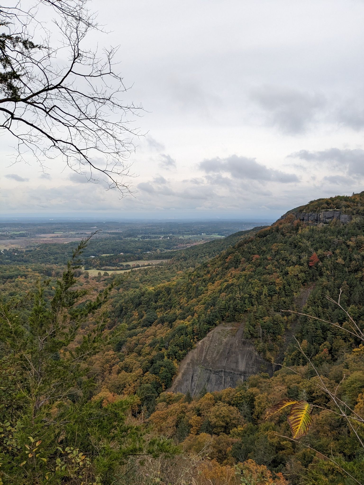 Overcast view of a forested mountain slope overlooking a wide valley. - Thacher Park, Thompson Lake, and High Point Cliff via Escarpment Path