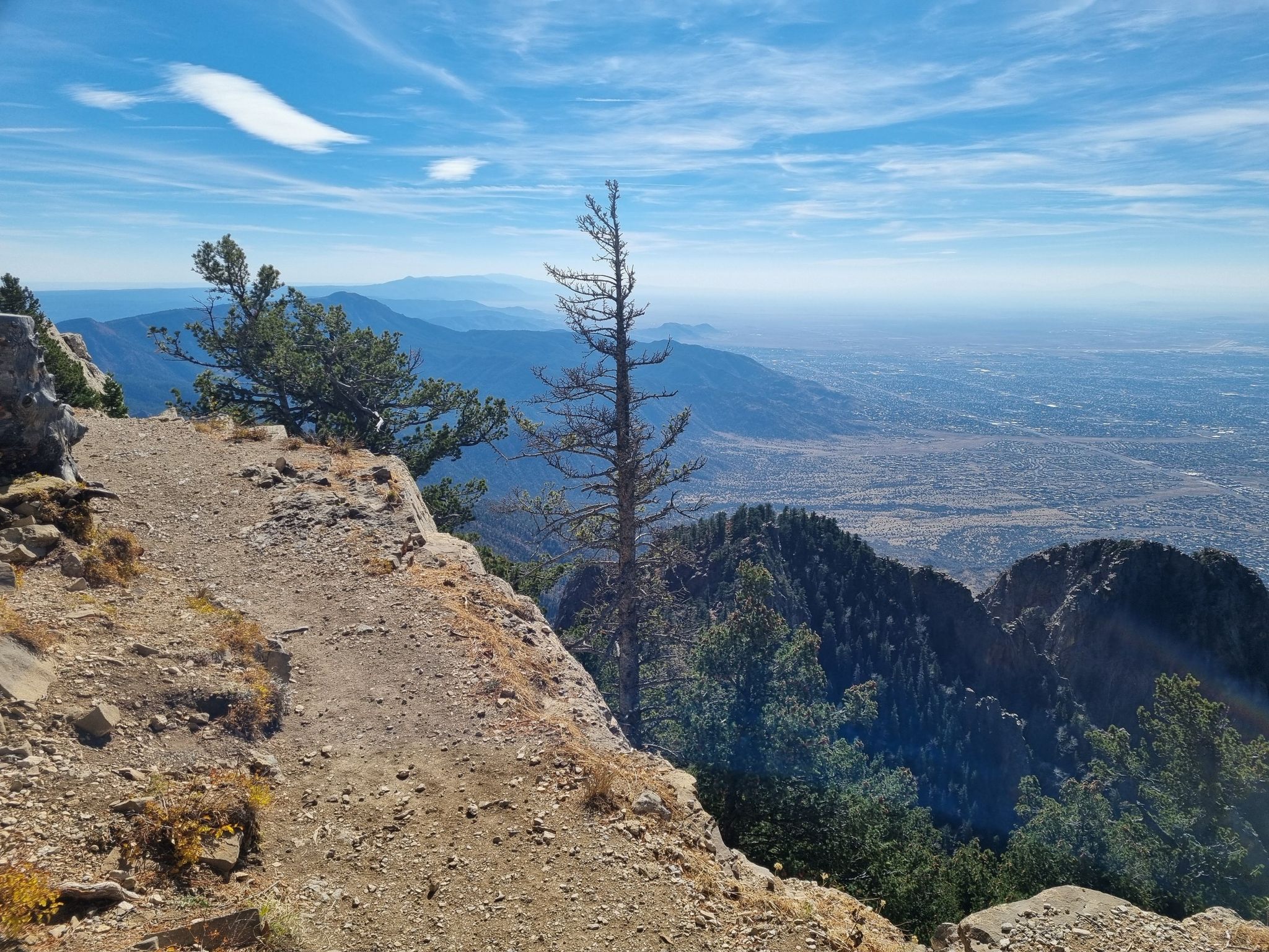 Expansive mountain vista with rocky foreground, sparse trees, and distant valley. - South Crest Trail