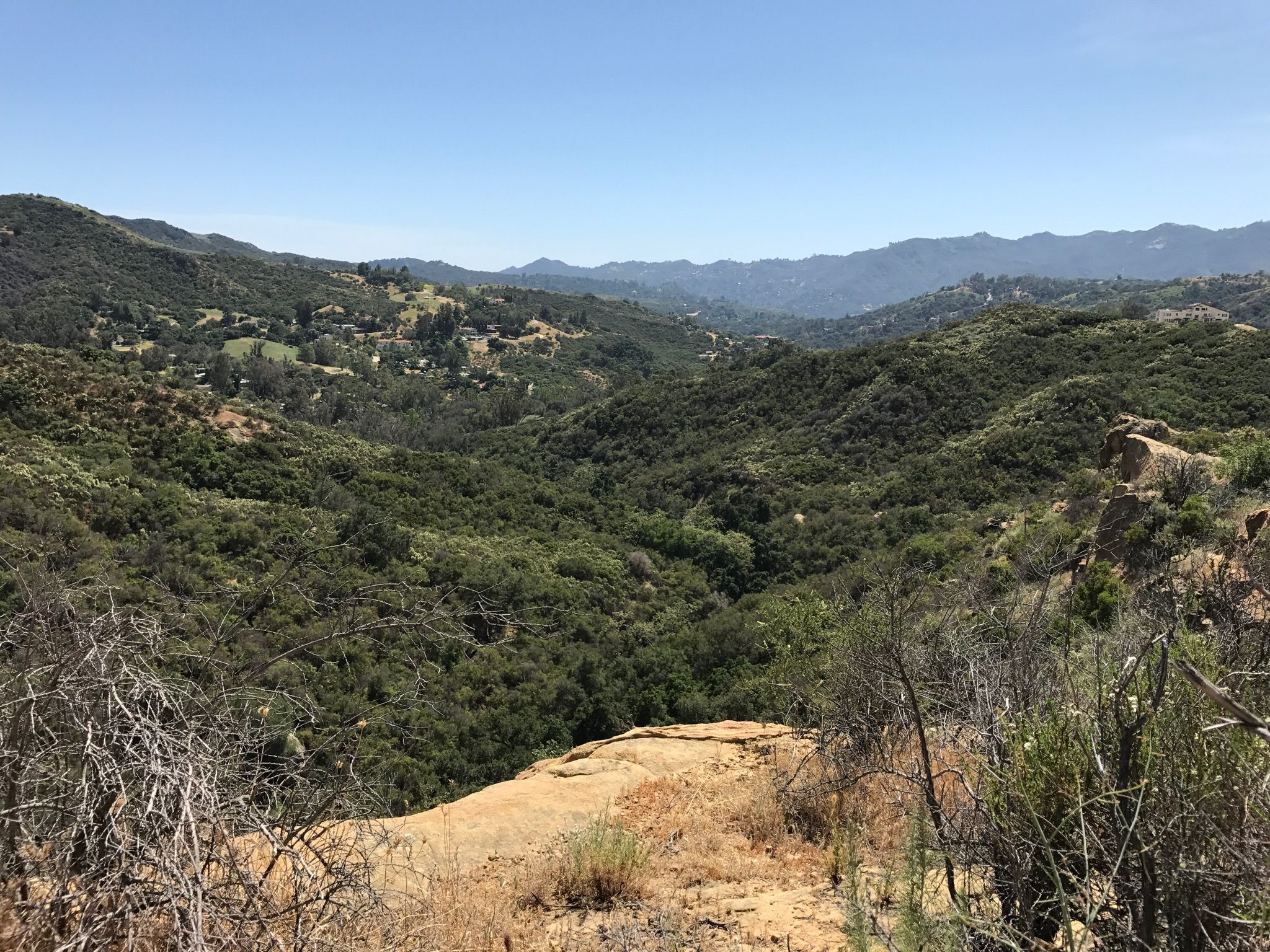 Sunny view of a wide green valley with rolling hills and a clear sky. - Santa Maria Creek Trail